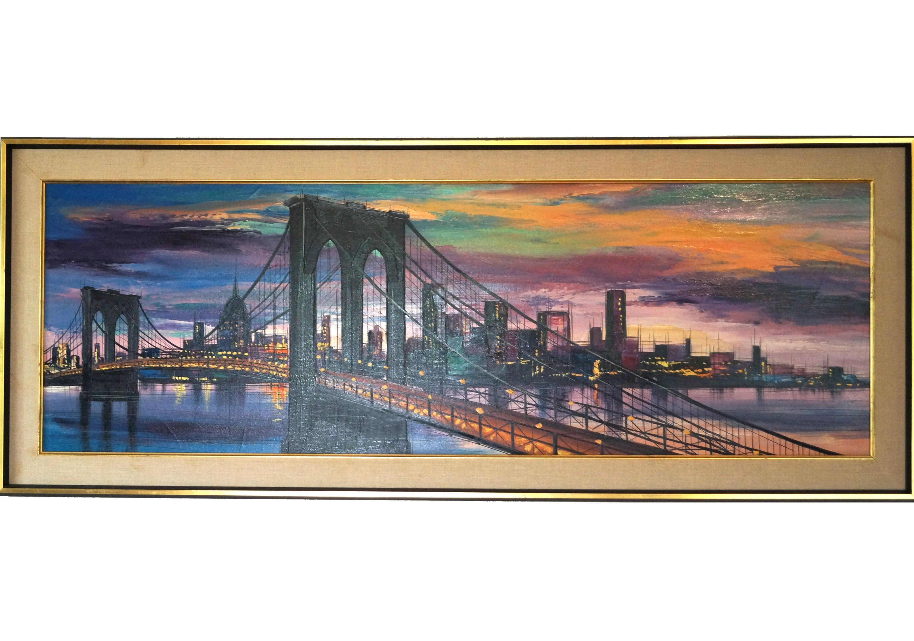 1960's City Scape Bridge Landscape Sunset Dusk Dawn. Unsigned, but it was not removed from frame. Measure: 49