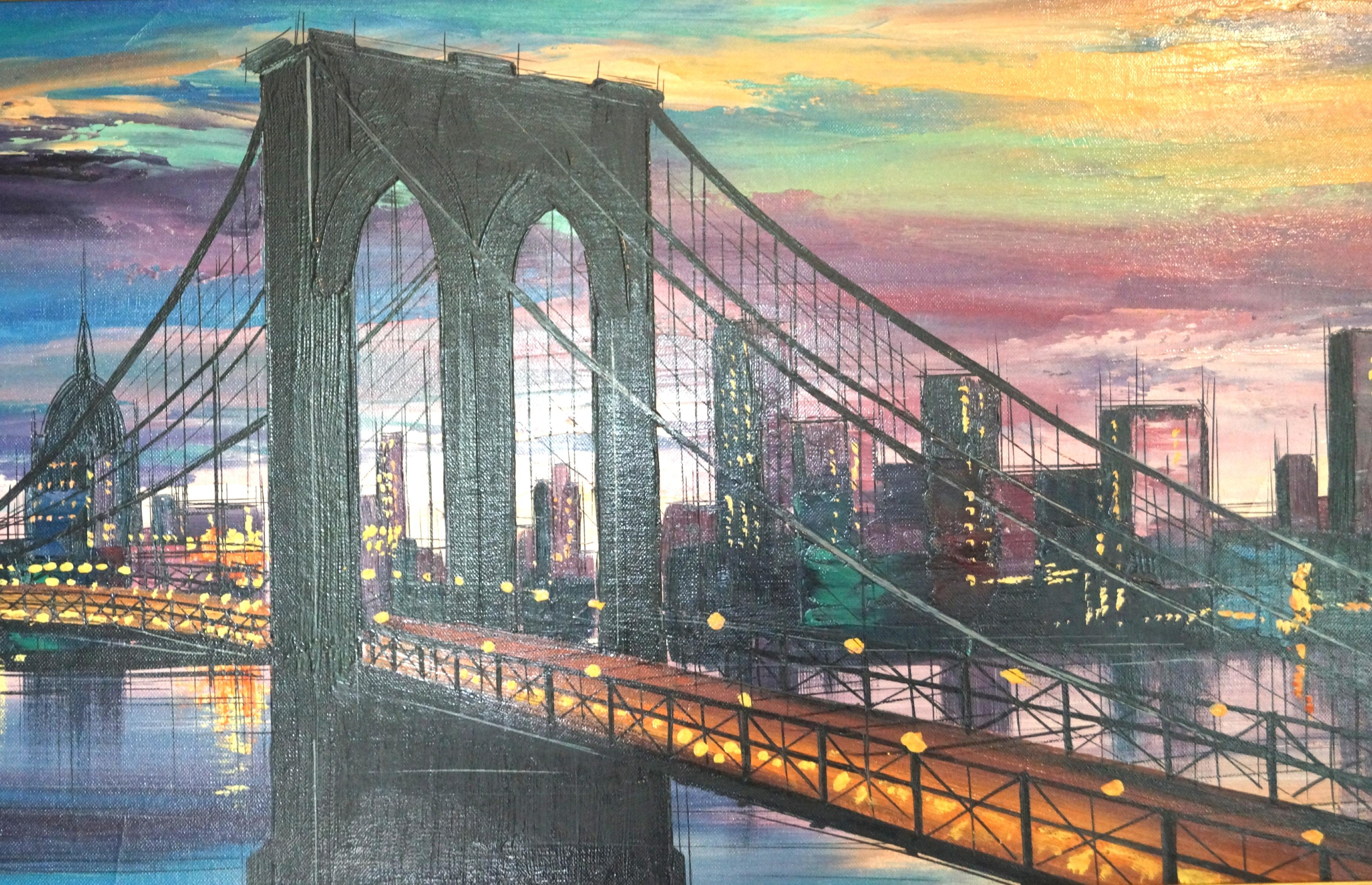 Other Large Mid-Century Modern Cityscape Modern Bridge Sunset Dusk Painting Framed For Sale