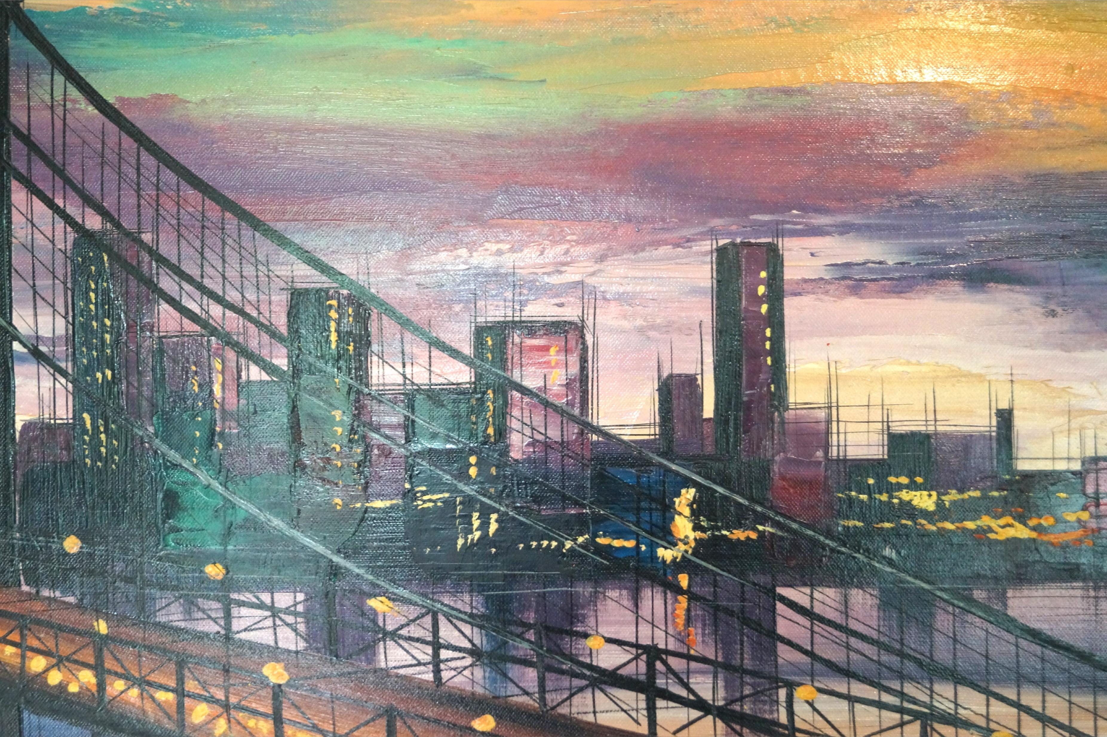 Large Mid-Century Modern Cityscape Modern Bridge Sunset Dusk Painting Framed In Good Condition For Sale In Wayne, NJ