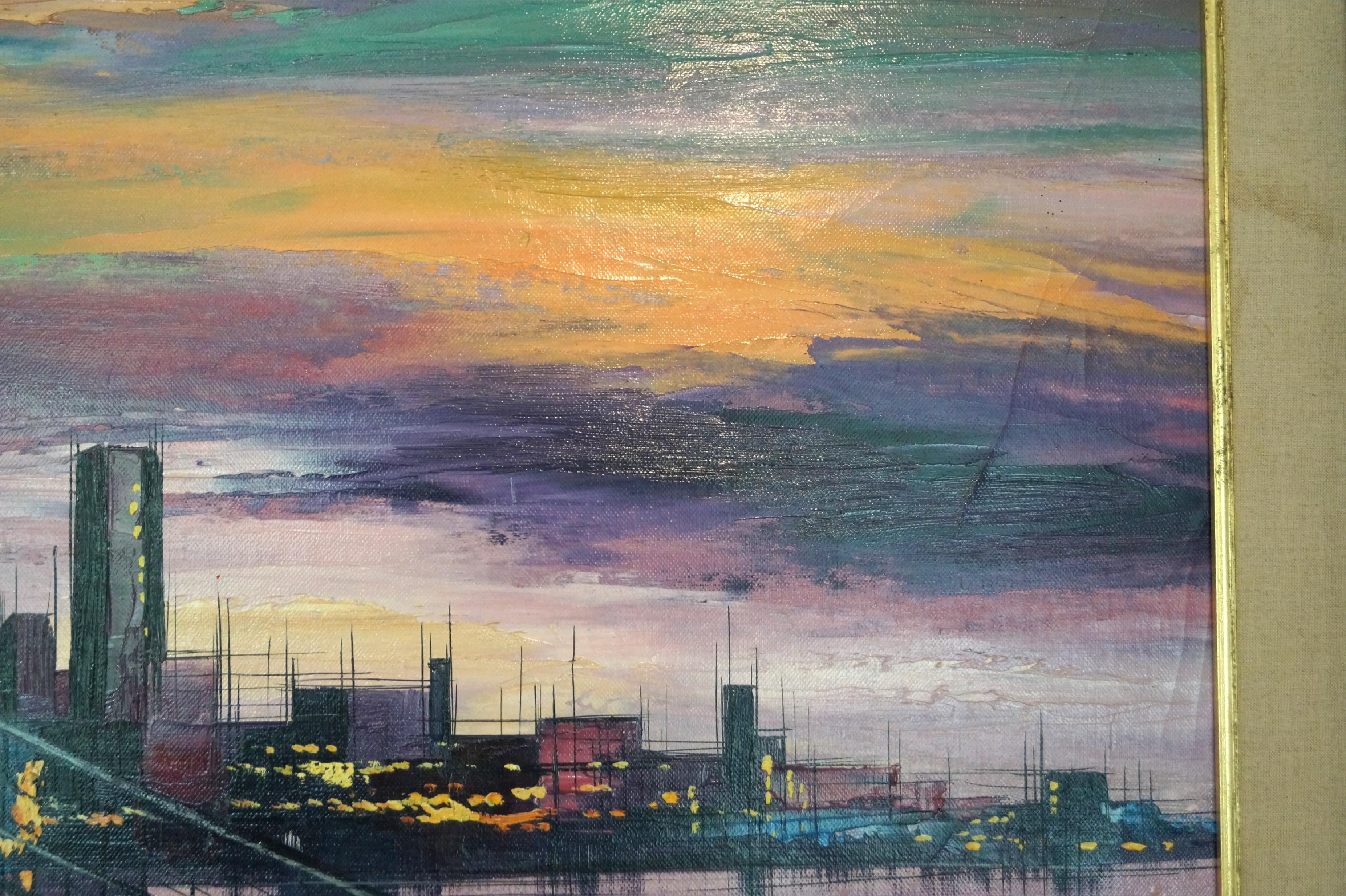 Mid-20th Century Large Mid-Century Modern Cityscape Modern Bridge Sunset Dusk Painting Framed For Sale