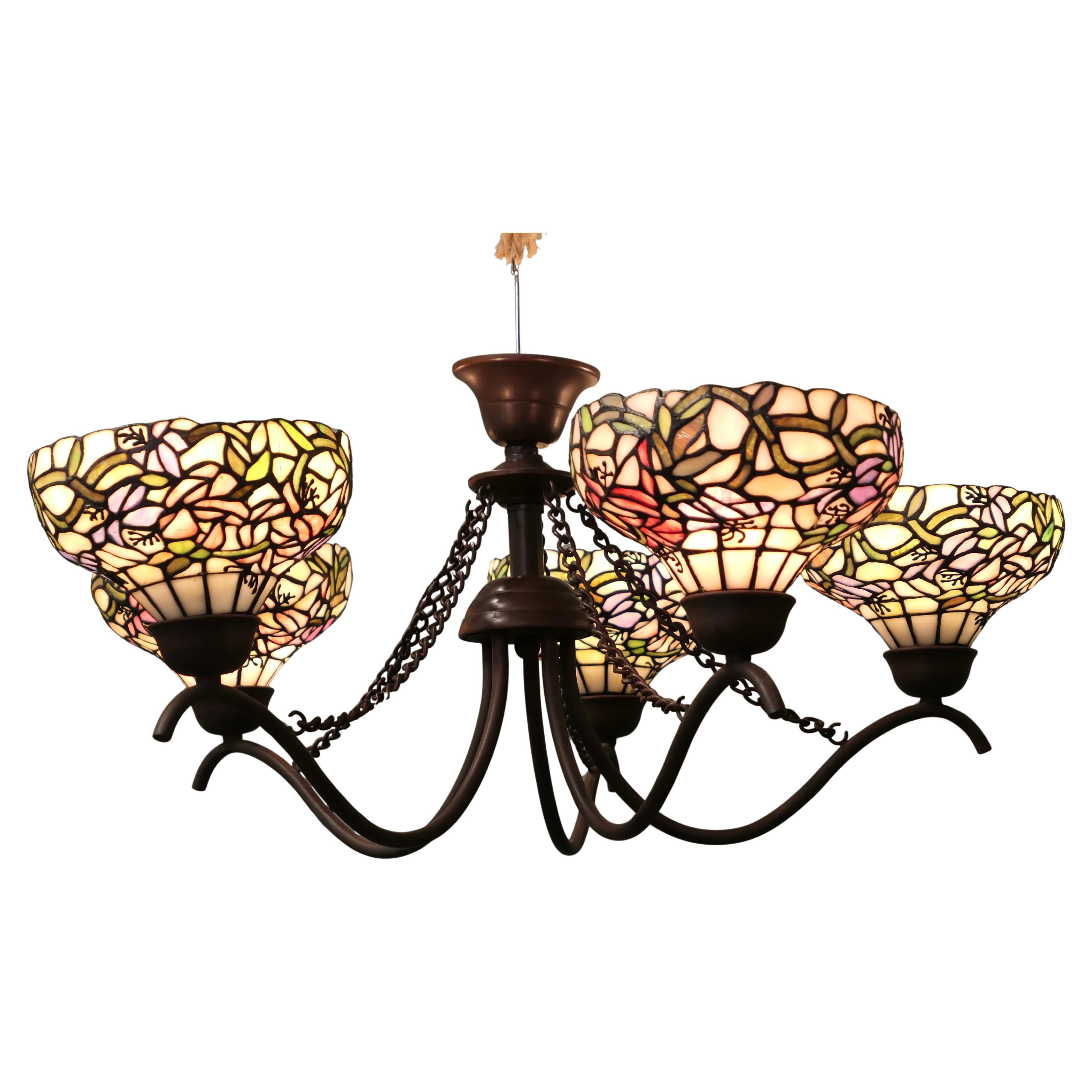 Large 5 Branch Ceiling Light, with Tiffany Style Lamp Shades