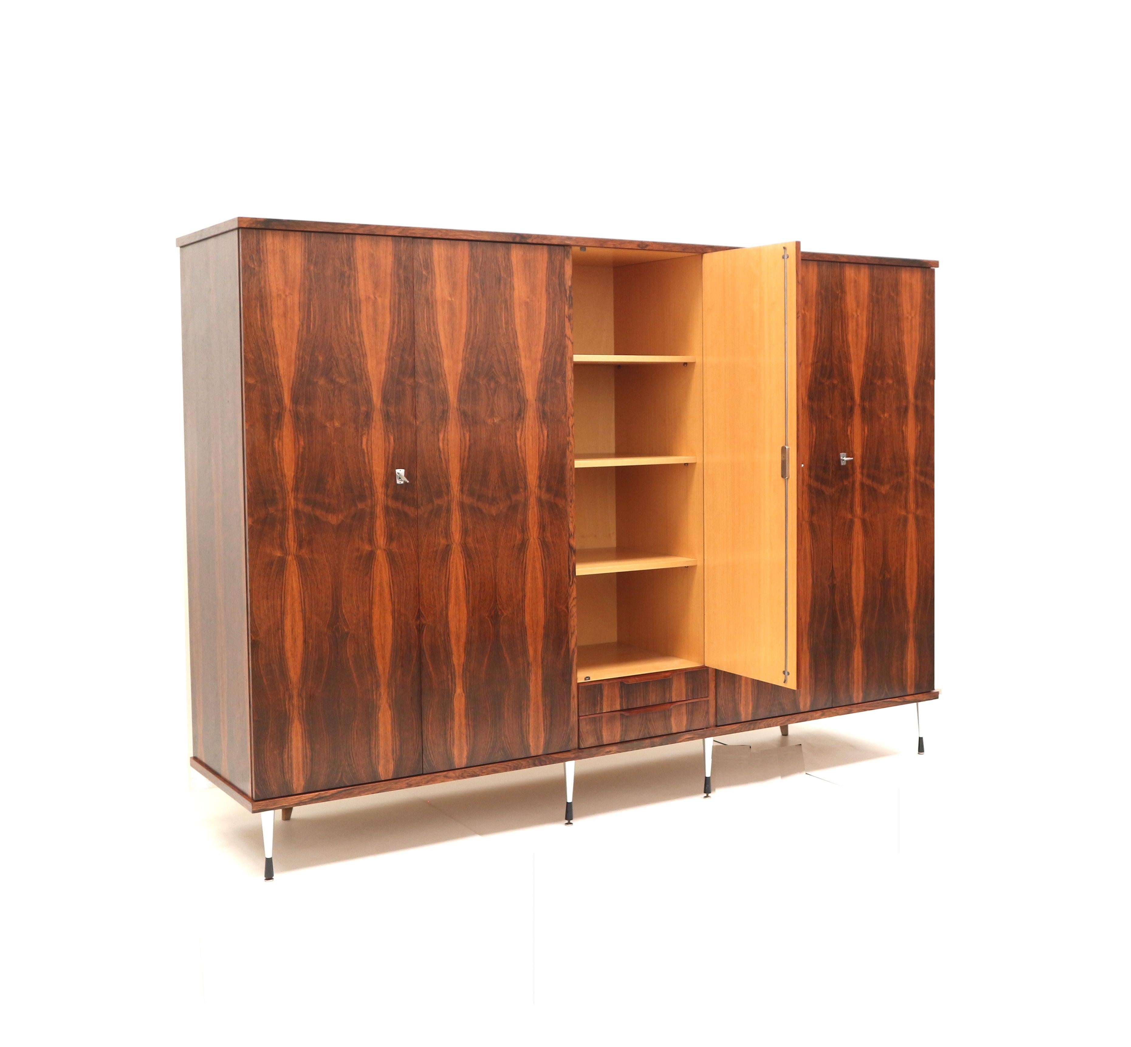 Large 5-door vintage wardrobe in rosewood with stylish adjustable legs For Sale 4