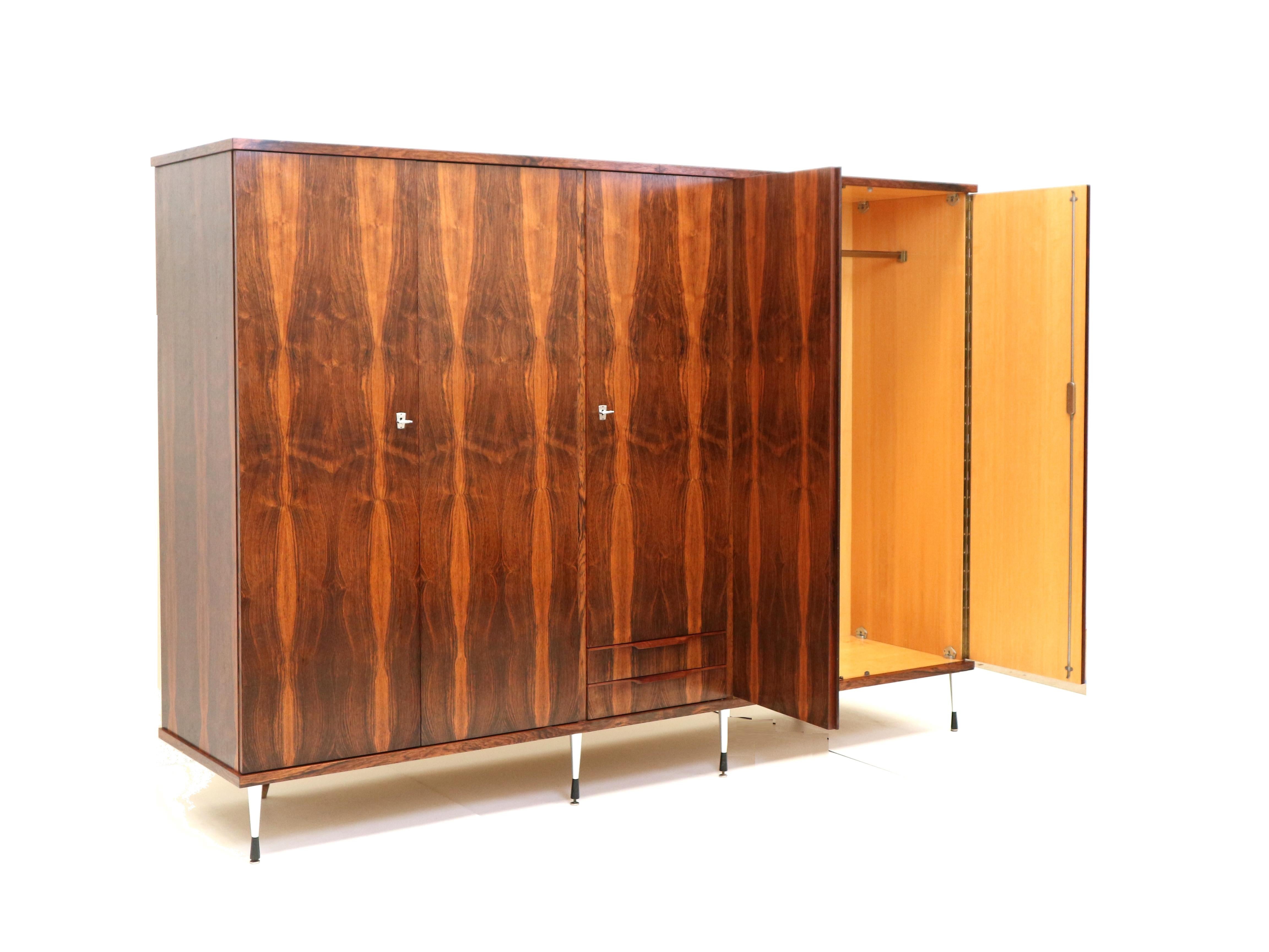 Large 5-door vintage wardrobe in rosewood with stylish adjustable legs For Sale 5