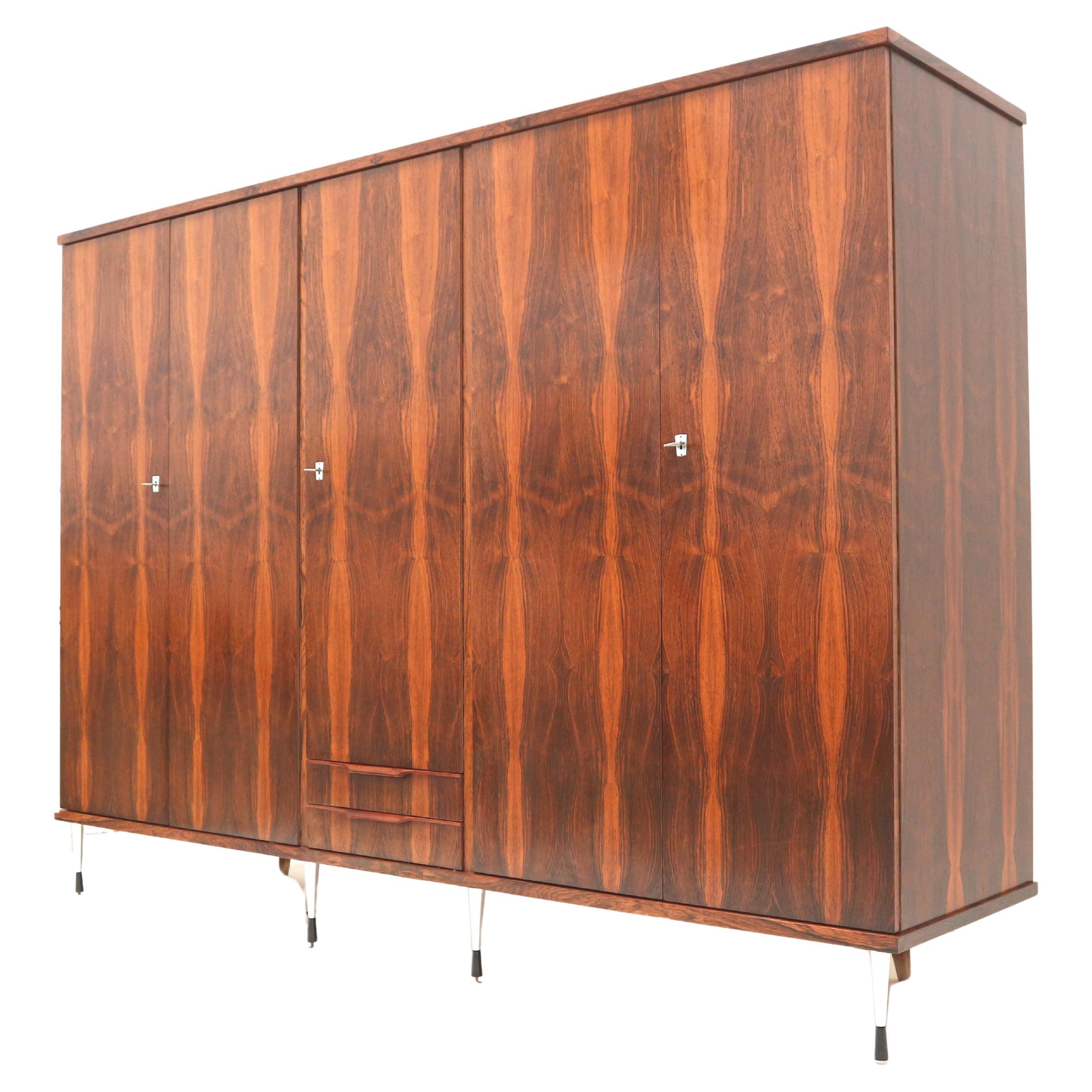 Large 5-door vintage wardrobe in rosewood with stylish adjustable legs For Sale
