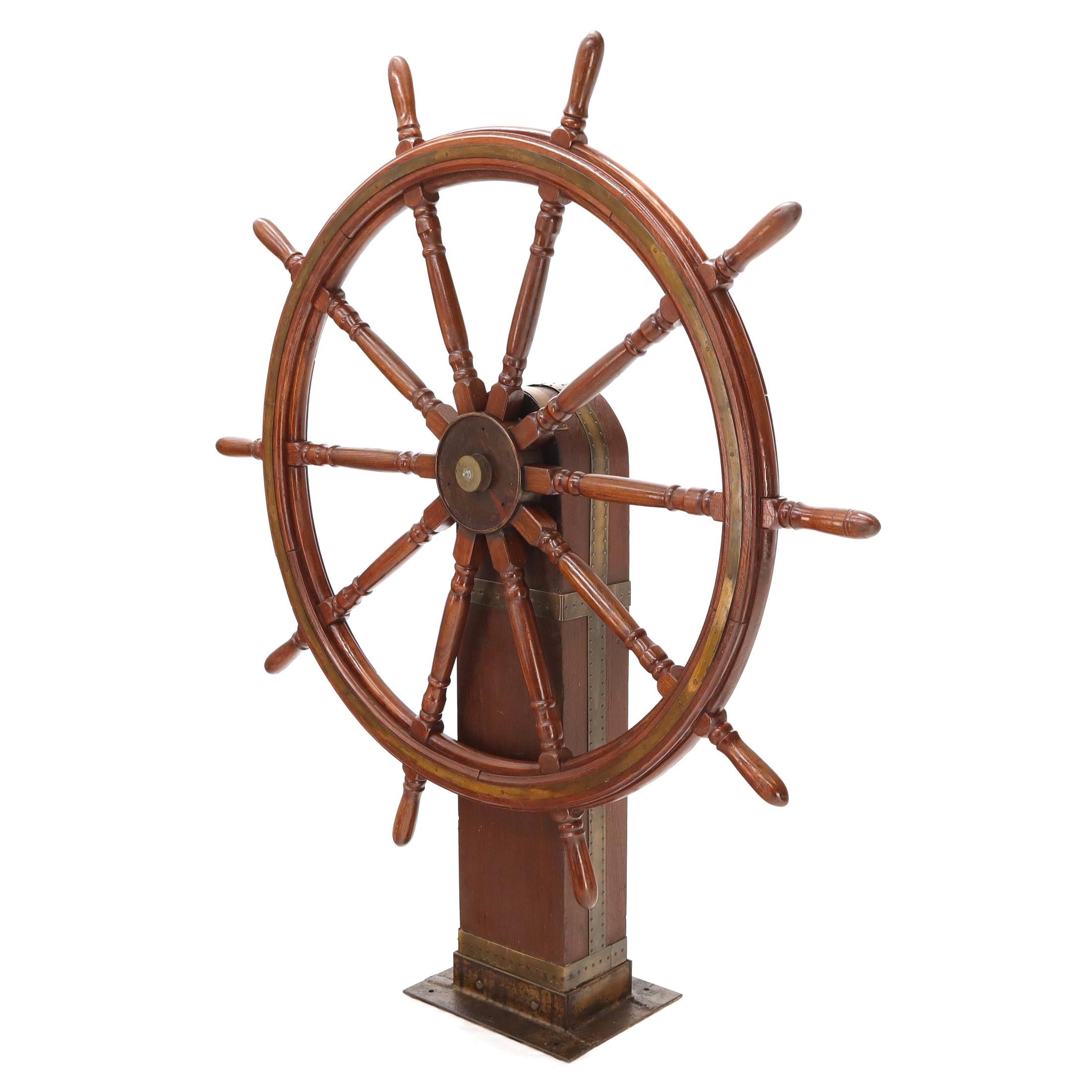 Large Wooden Ships Wheel on Stand
