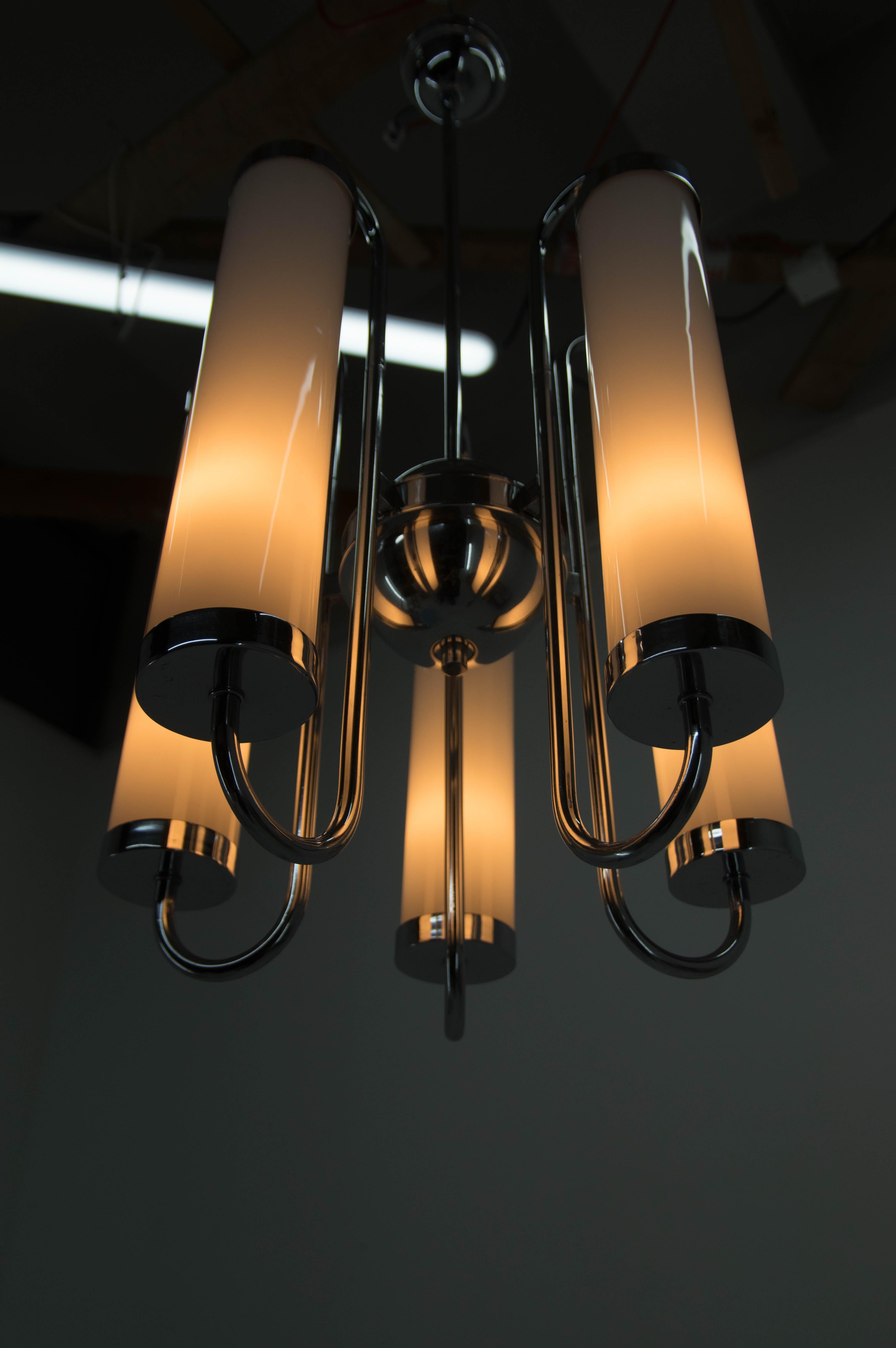 Mid-20th Century Large 5-Flamming Tubular Bauhaus Chandelier, 1930s For Sale