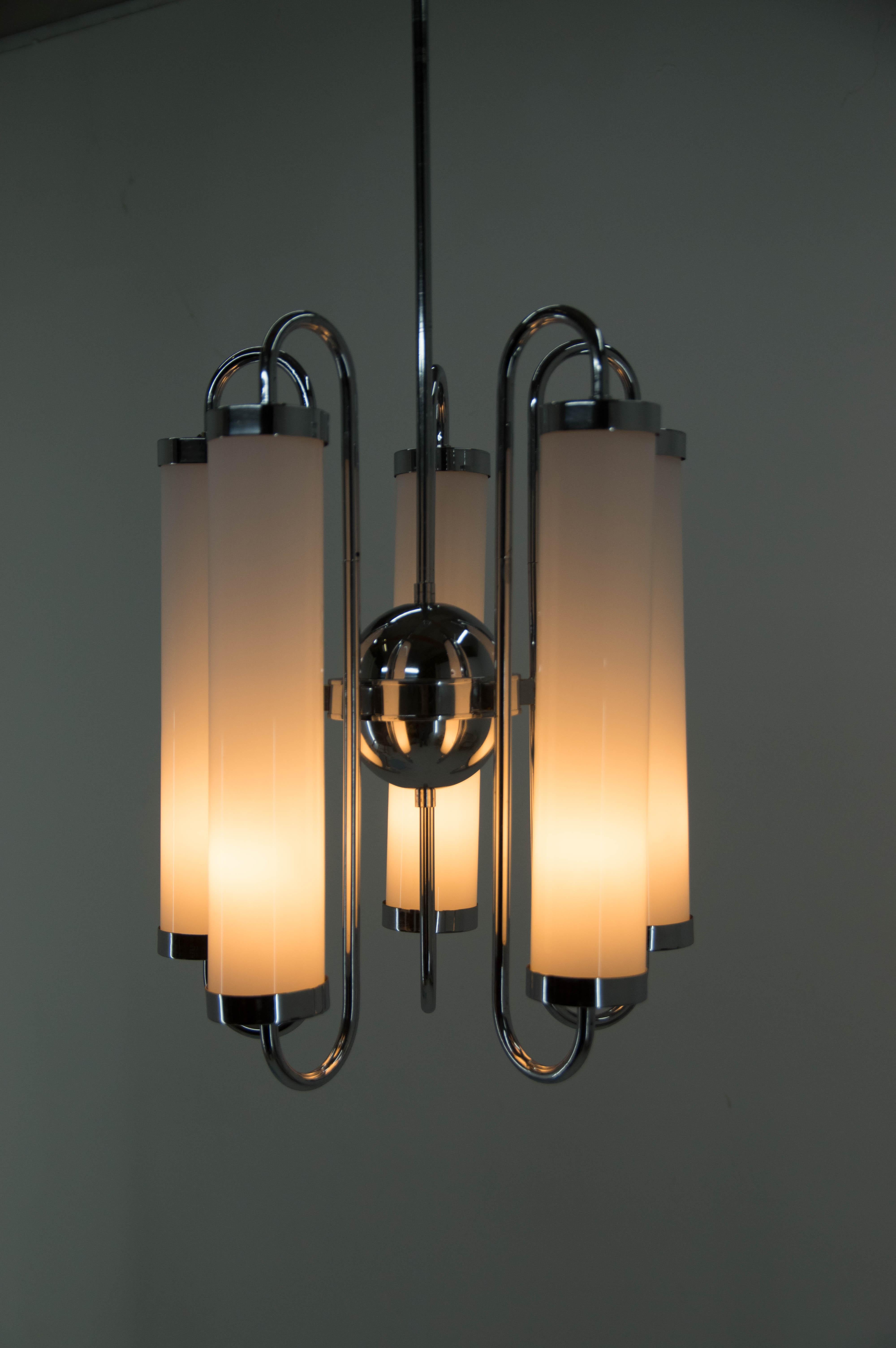 Opaline Glass Large 5-Flamming Tubular Bauhaus Chandelier, 1930s For Sale