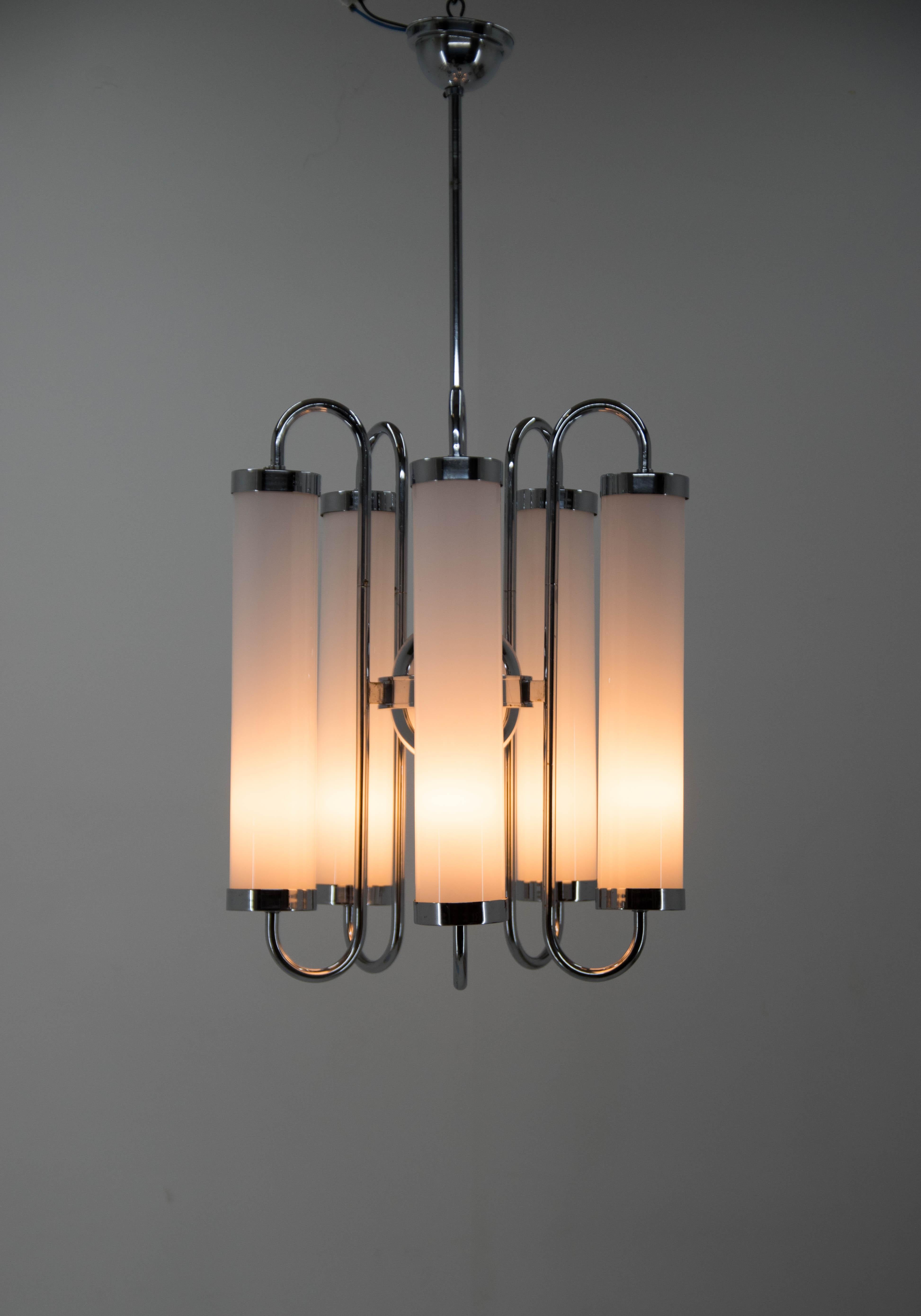 Large 5-Flamming Tubular Bauhaus Chandelier, 1930s For Sale 1