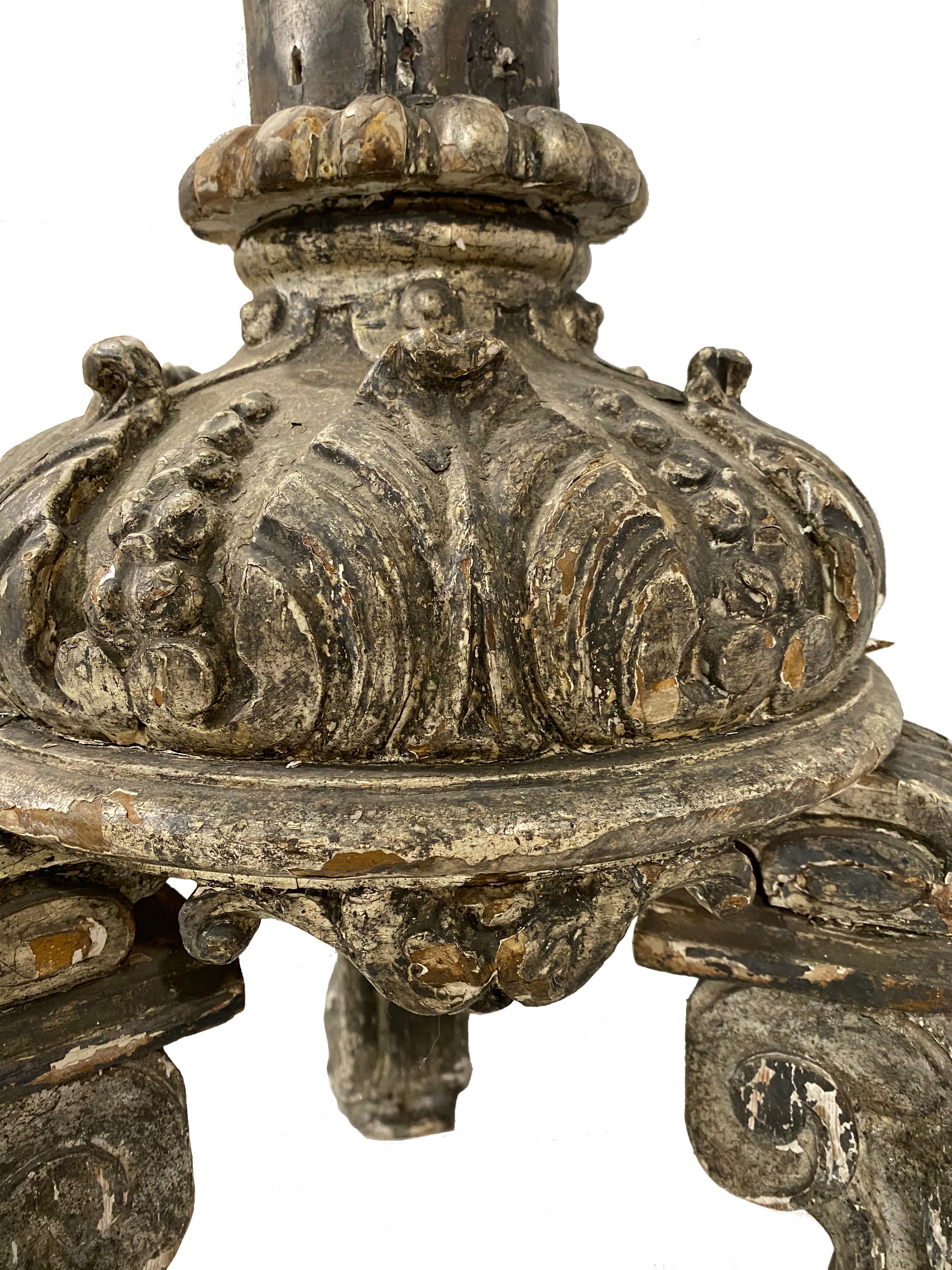 Hand-Carved 17th Century Italian Silver Leaf Floor Torcheres, Candlesticks