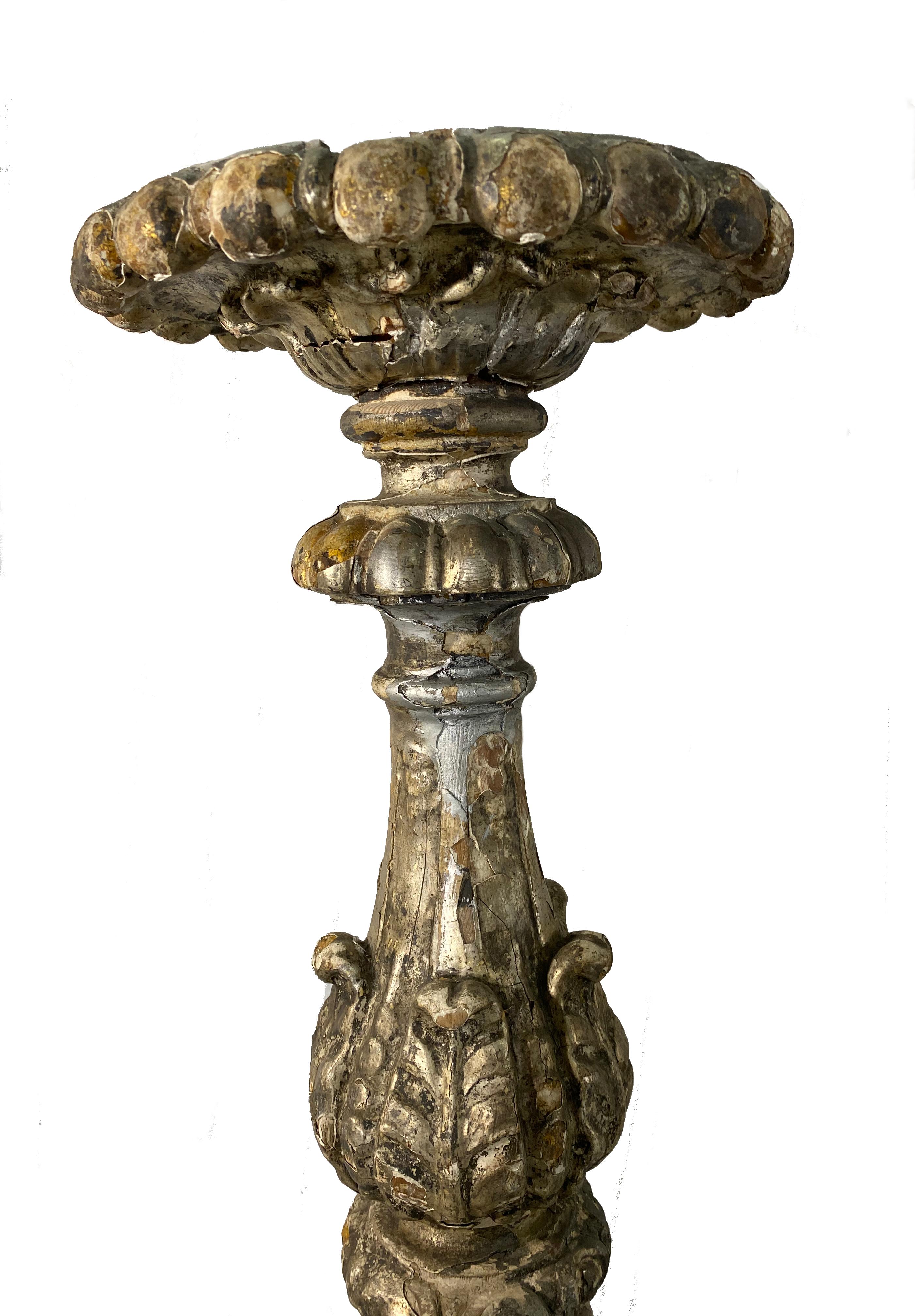 18th Century and Earlier 17th Century Italian Silver Leaf Floor Torcheres, Candlesticks