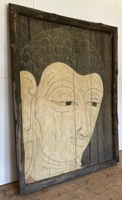 Large Carved Wood Buddha Wall Sculptural Panel
