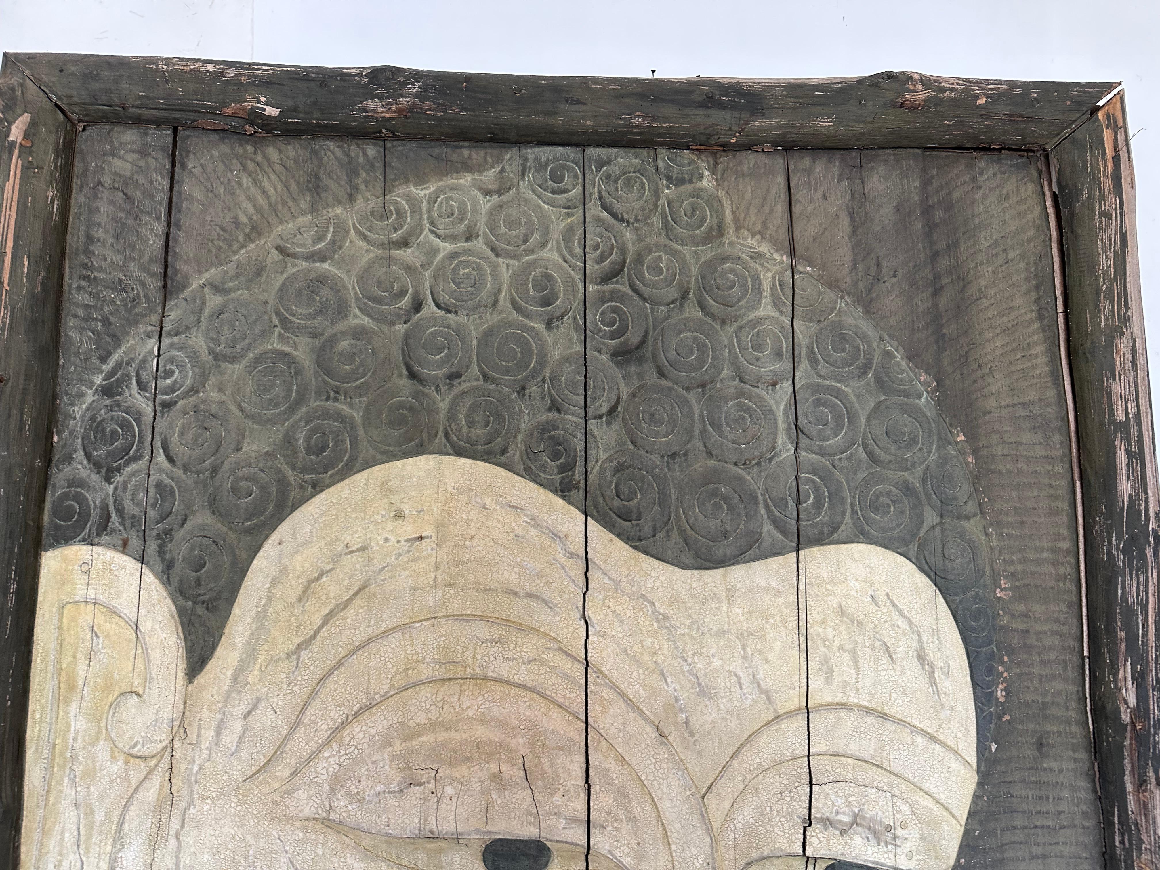Hand-Carved Large Carved Wood Buddha Wall Sculptural Panel For Sale