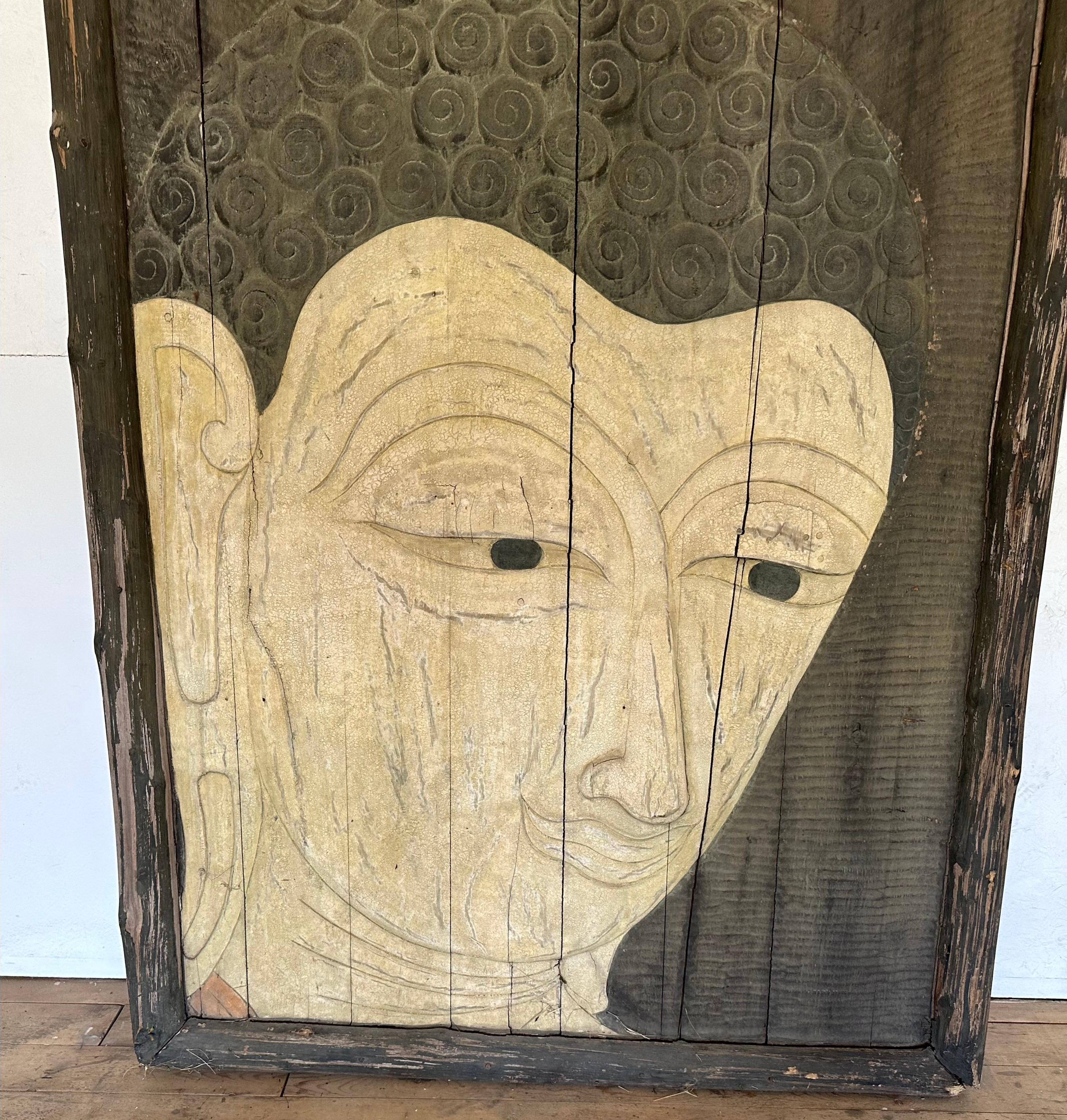 Large Carved Wood Buddha Wall Sculptural Panel In Good Condition For Sale In Sheffield, MA