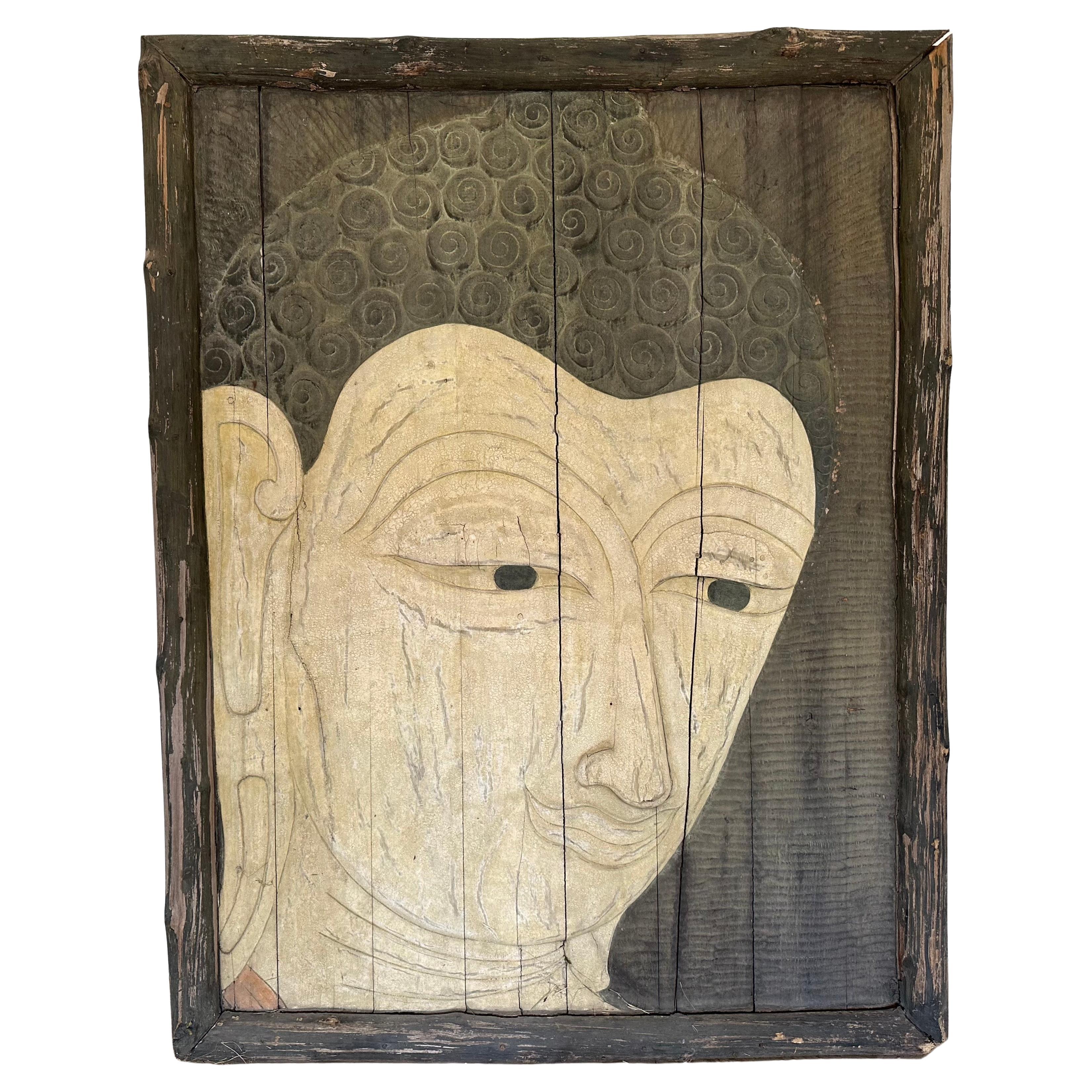 Large Carved Wood Buddha Wall Sculptural Panel For Sale