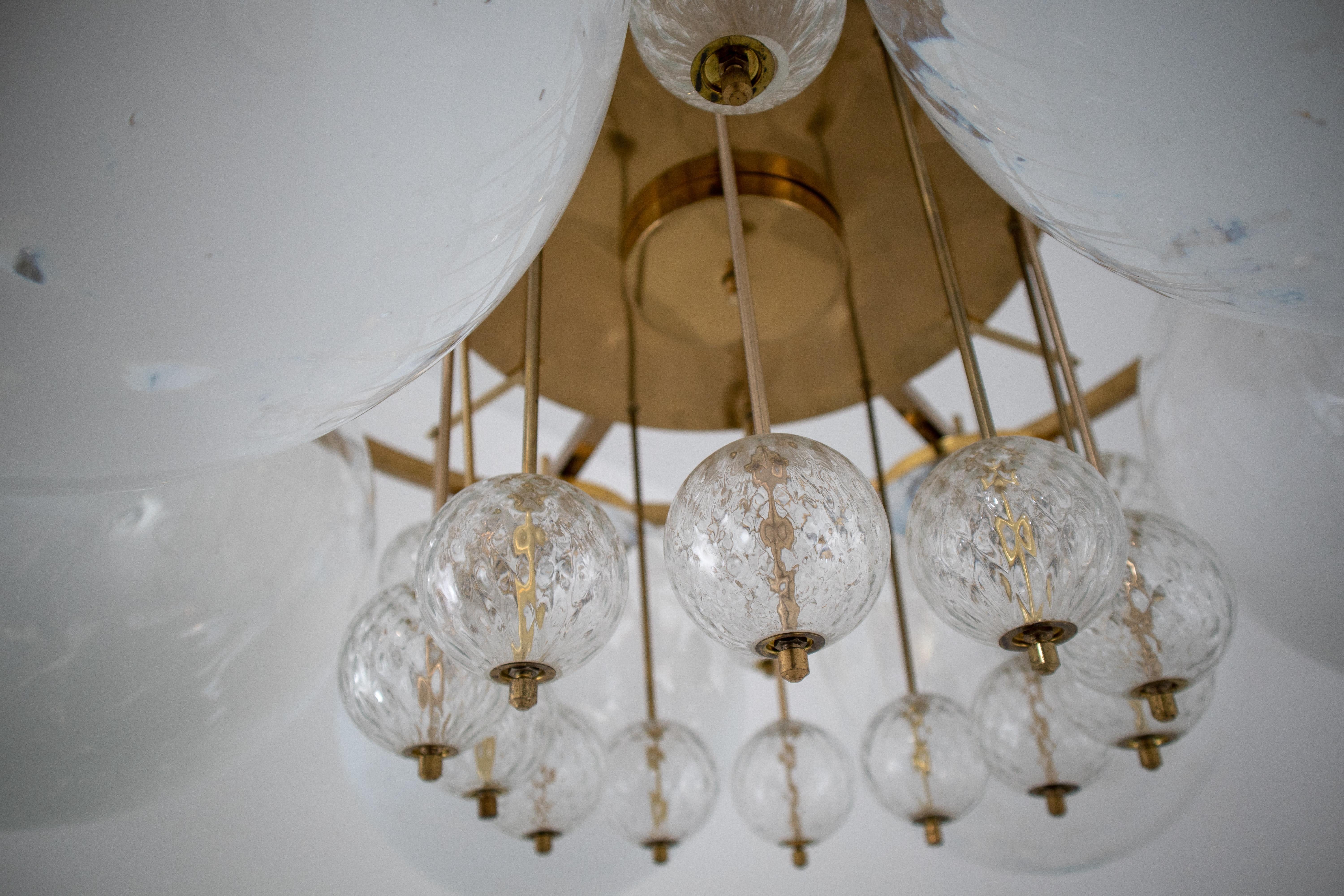Large Midcentury Hotel Chandelier, in Brass and Decorated Art Glass 6