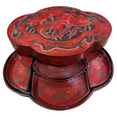 Large 50CM Antique Chinese Red Lacquer Lobed Storage Box With Dragons
