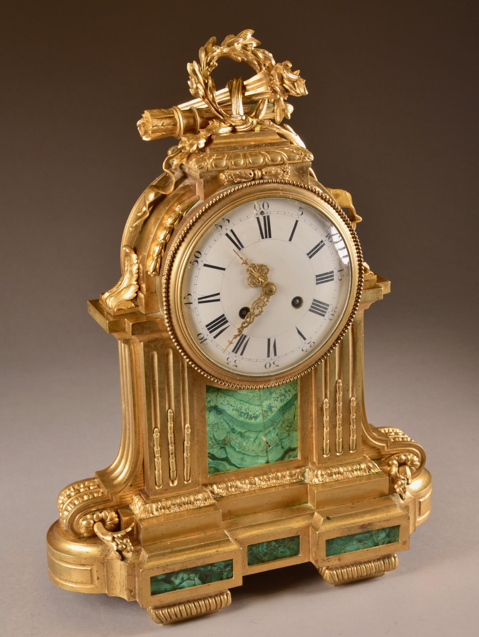 Neoclassical Large Bronze Mantle Clock with Malachite, Raingo Freres For Sale