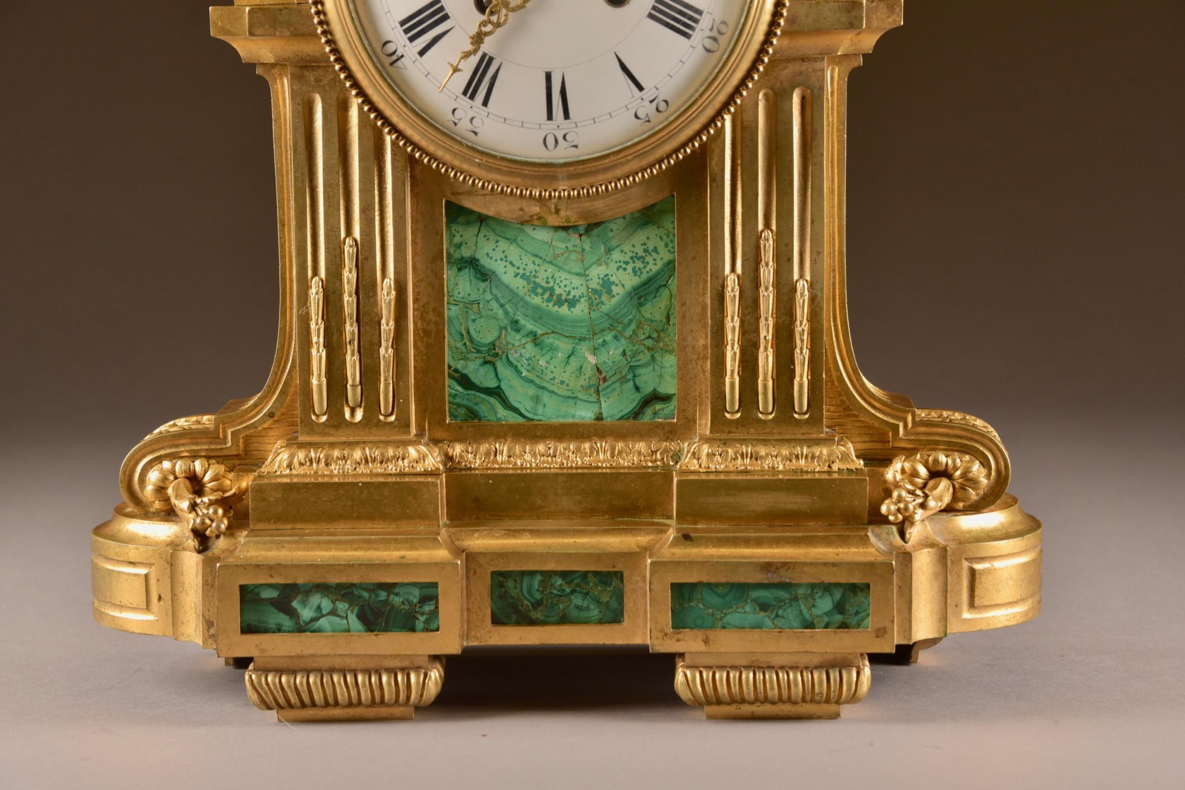 French Large Bronze Mantle Clock with Malachite, Raingo Freres For Sale