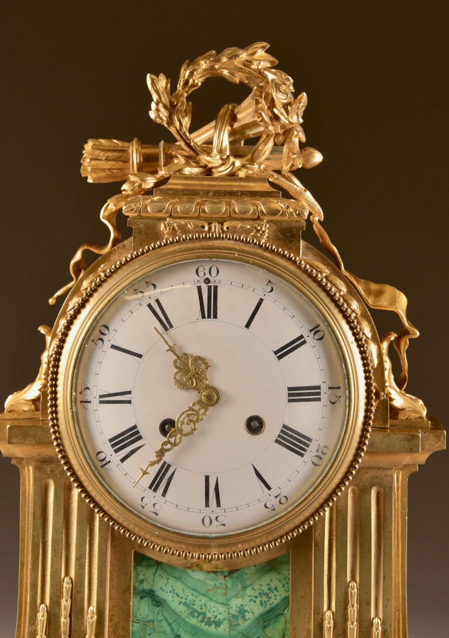 Gilt Large Bronze Mantle Clock with Malachite, Raingo Freres For Sale