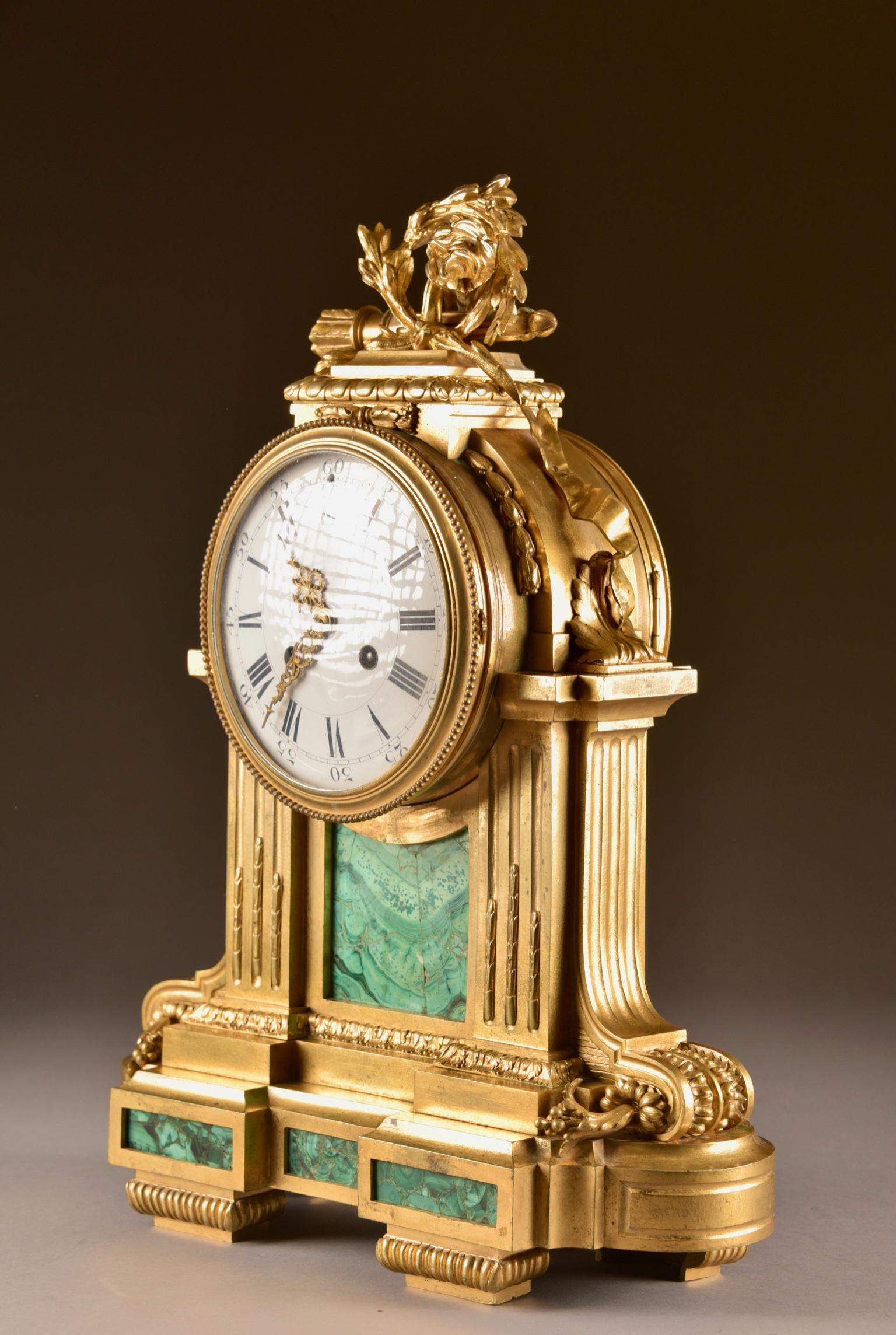 18th Century Large Bronze Mantle Clock with Malachite, Raingo Freres For Sale