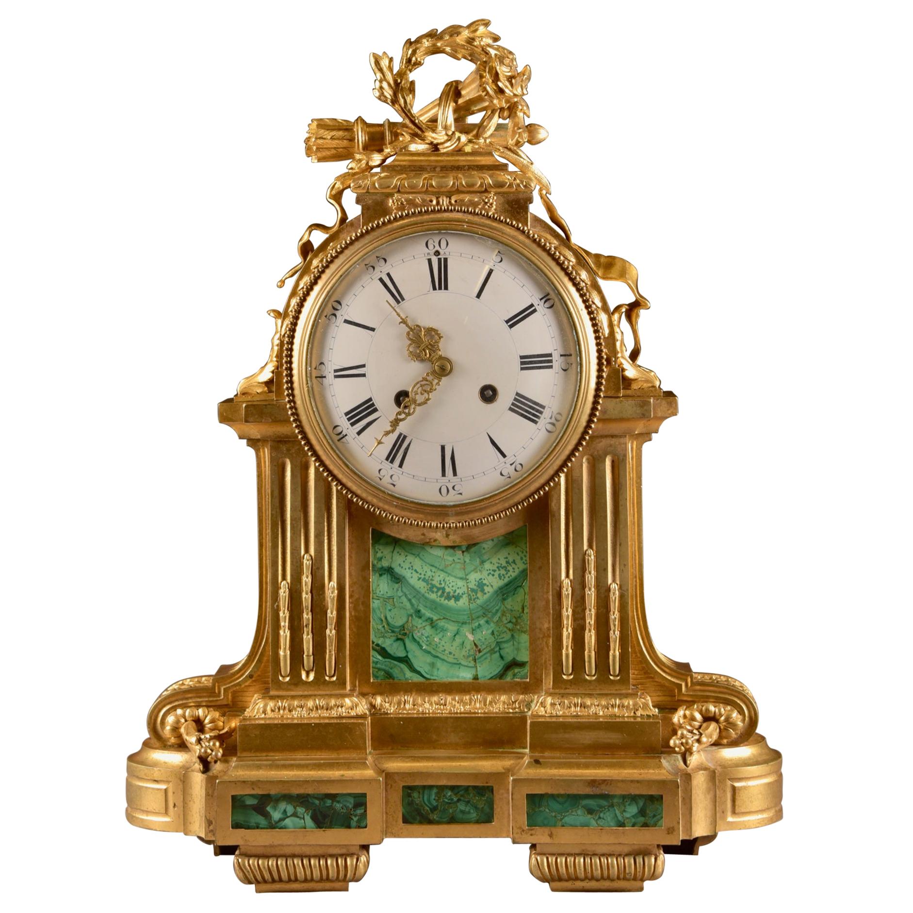 Large Bronze Mantle Clock with Malachite, Raingo Freres For Sale