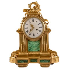 Antique Large Bronze Mantle Clock with Malachite, Raingo Freres