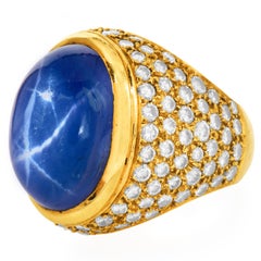 Large 51.90cts Star Sapphire Diamond Men's Signet 18k Gold Ring