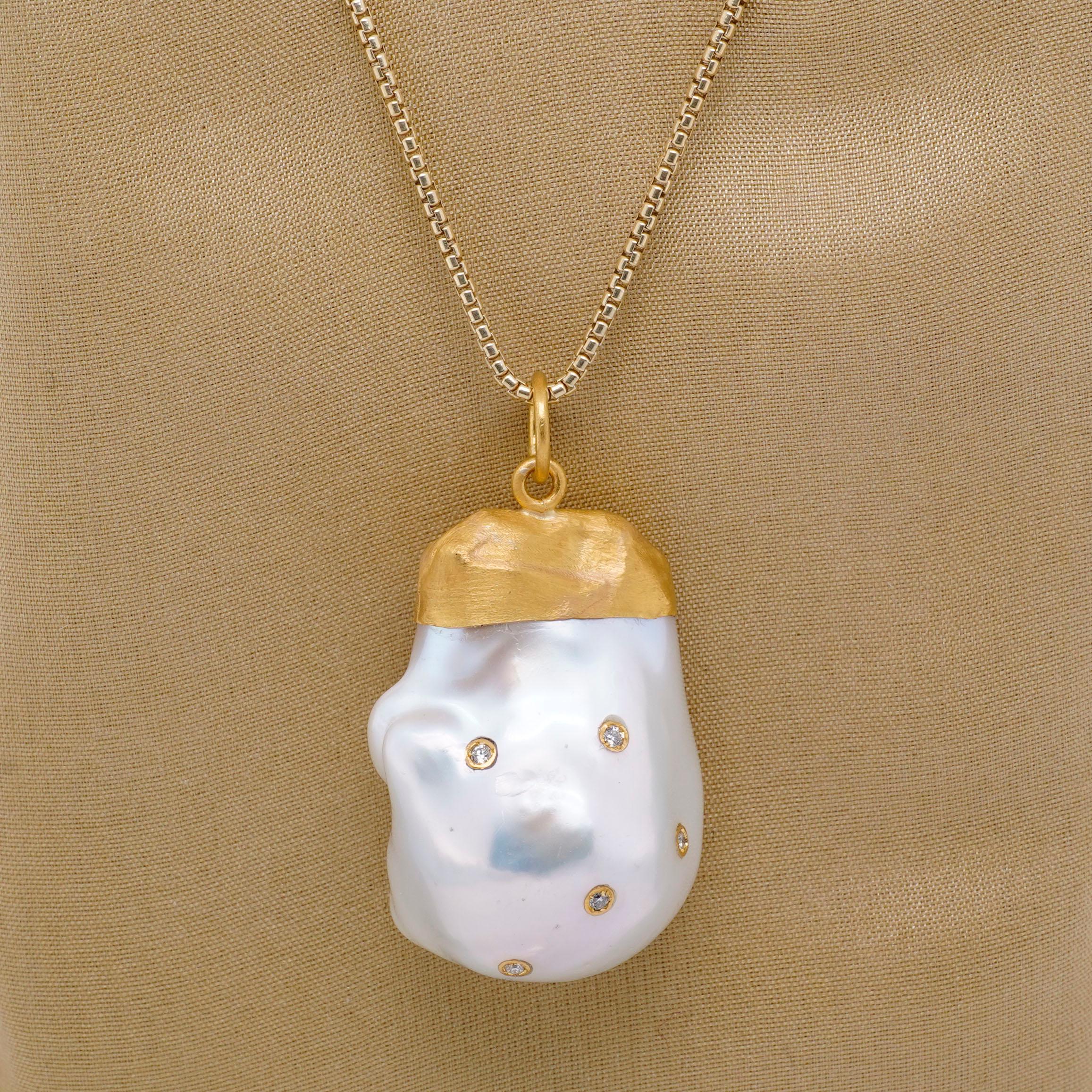 Large, 53.70ct Baroque Pearl Pendant Necklace with Inlaid Diamonds, 24kt Gold In New Condition For Sale In Bozeman, MT