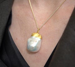 Large, 53.70ct Baroque Pearl Pendant Necklace with Inlaid Diamonds, 24kt Gold