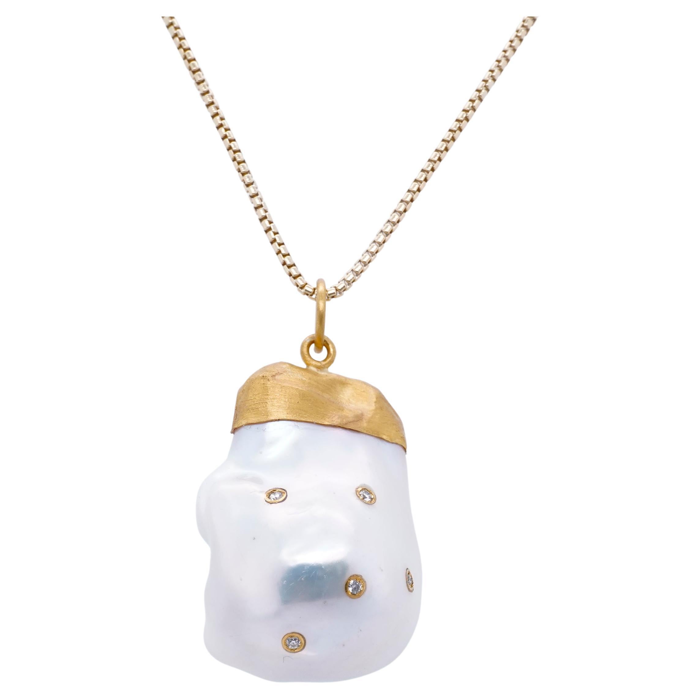 Contemporary Large, 53.70ct Baroque Pearl Pendant Necklace with Inlaid Diamonds, 24kt Gold For Sale