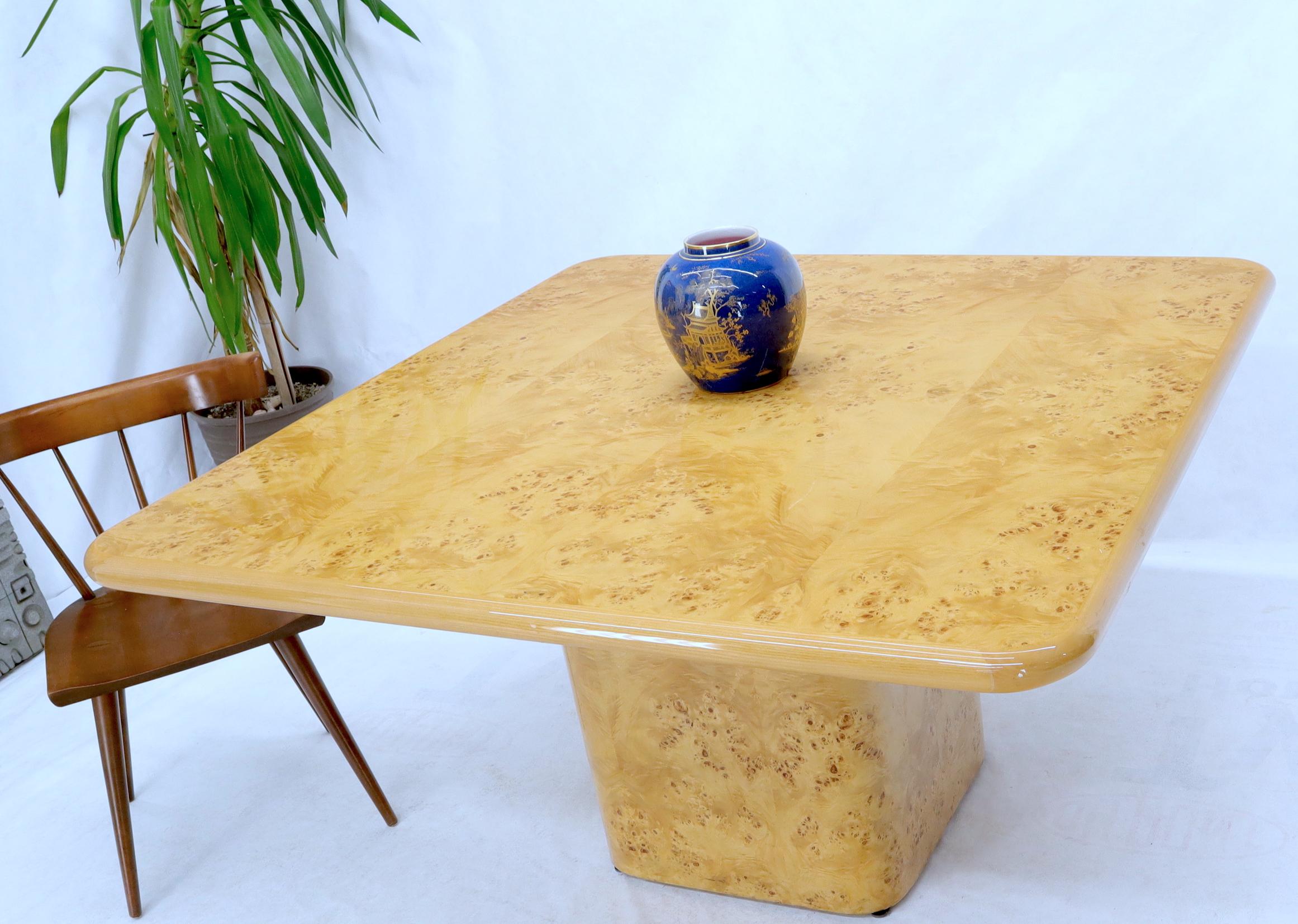 Stunning square burl wood rounded edge dining conference game table by Habitat. Measures: 54” large.