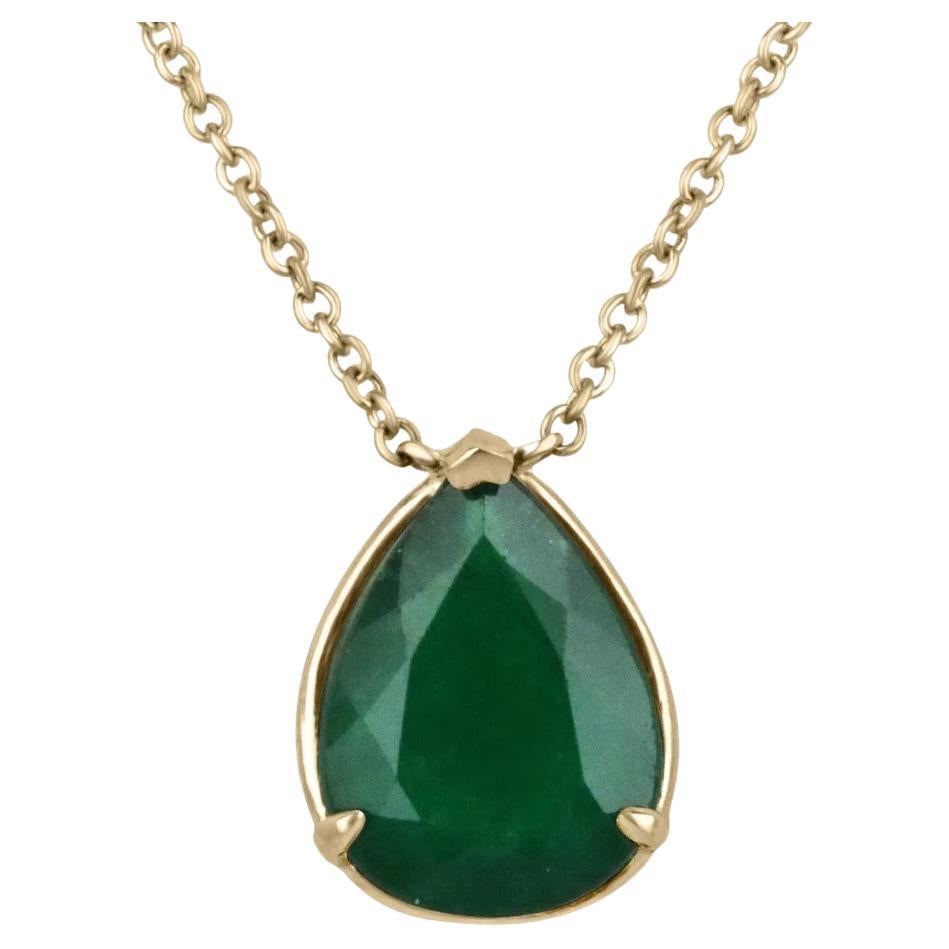 Large 5.74 Ct 14K Natural Emerald-Pear Cut Solitaire Gold Stationary Necklace For Sale