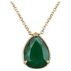 Large 5.74 Ct 14K Natural Emerald-Pear Cut Solitaire Gold Stationary Necklace