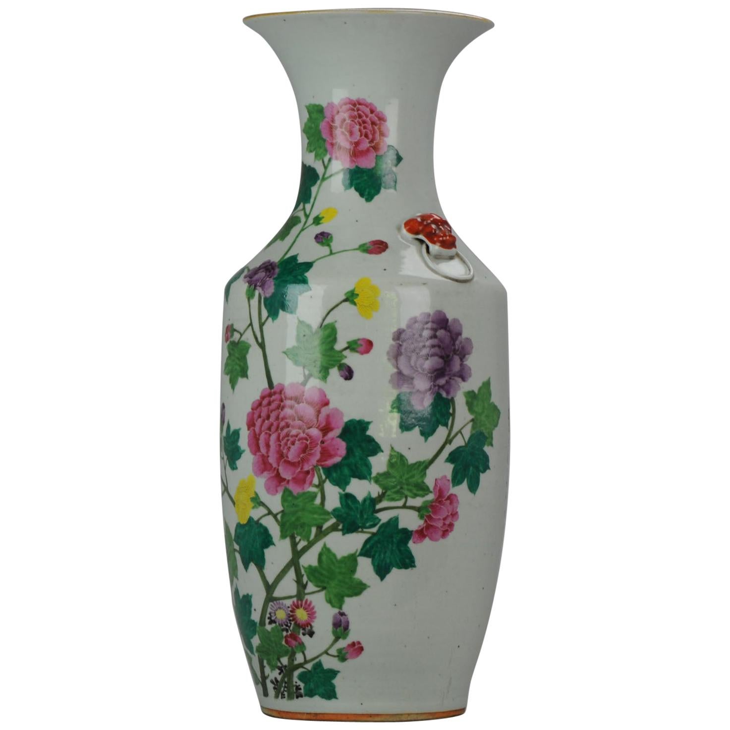 Large Antique 20th Century Famille Rose Flower Calligraphy Vase Chinese