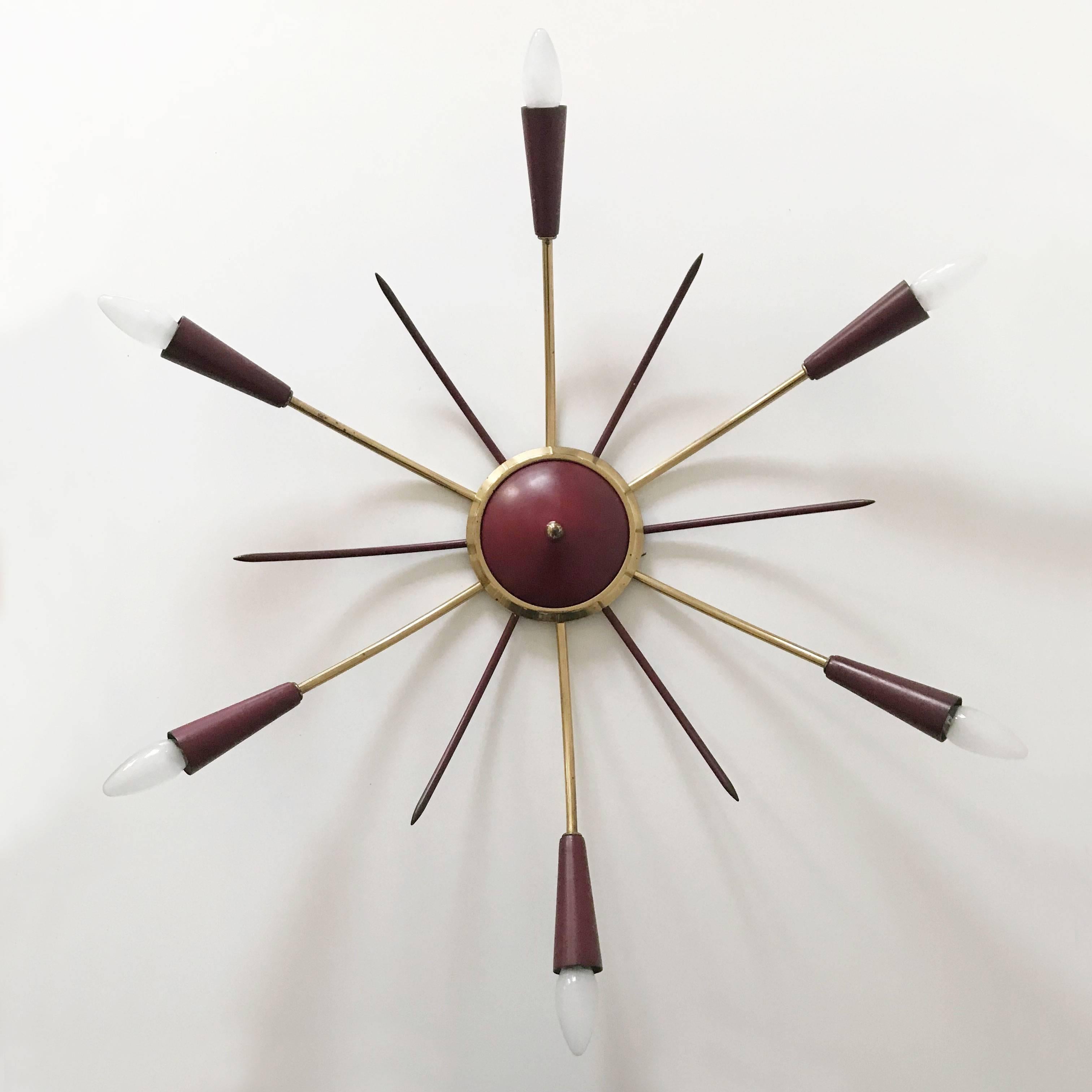 Mid-Century Modern six-armed brass ceiling lamp / wall light. Manufactured in 1950s in Germany.