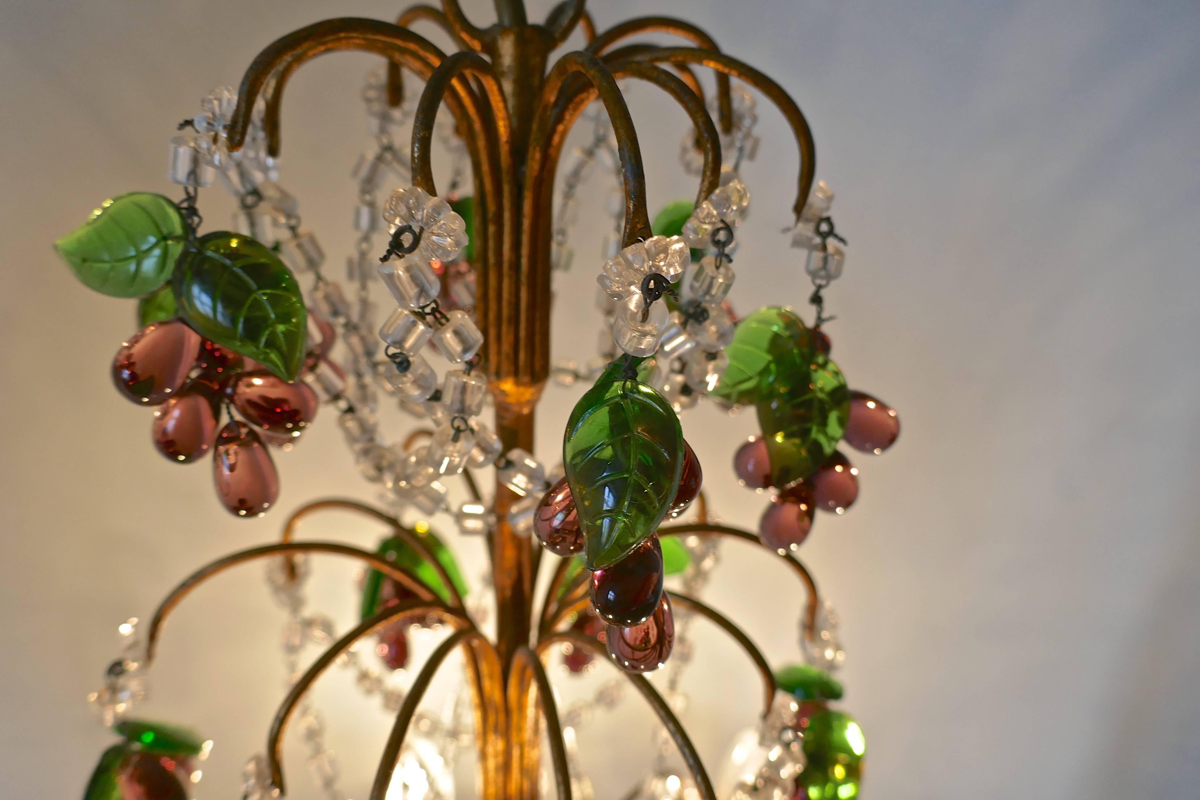 French Large Six Branch Chandelier Hung with Amethyst Grapes