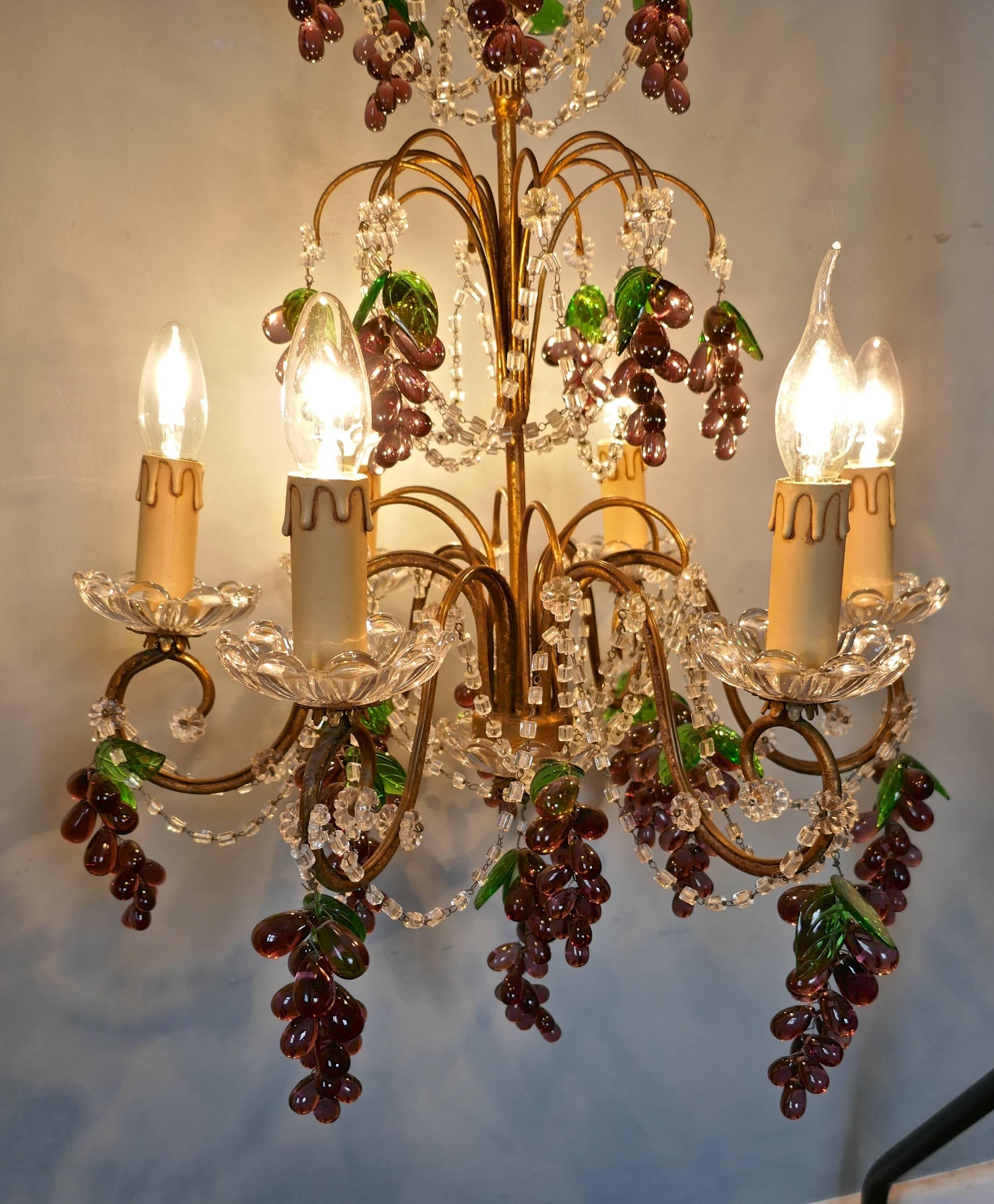 Large Six Branch Chandelier Hung with Amethyst Grapes In Good Condition In Chillerton, Isle of Wight