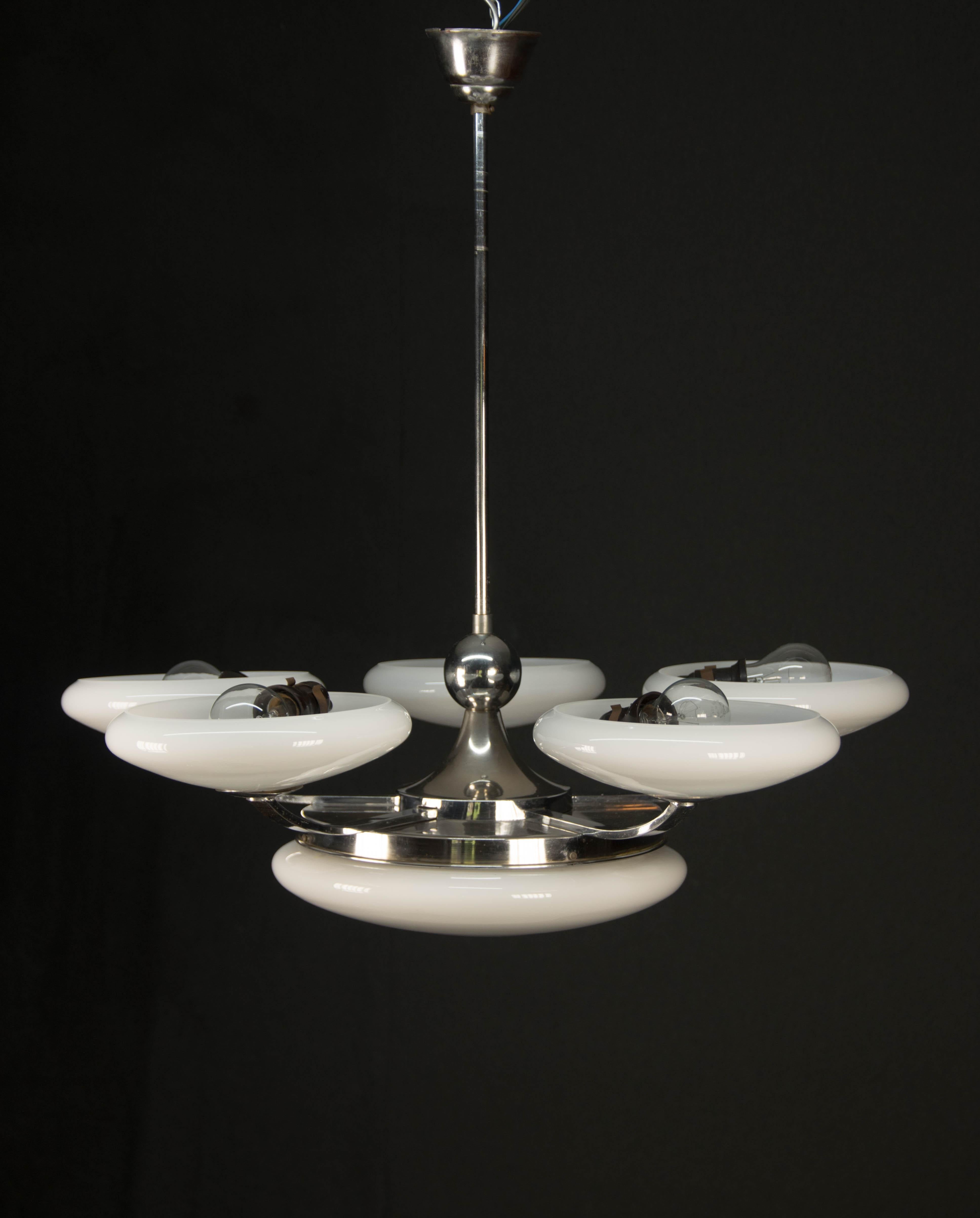 Opaline Glass Large 6-Flamming Art Deco Chrome-Plated Chandelier, 1930s For Sale