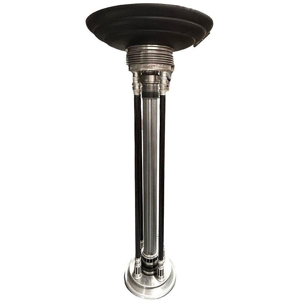 Renowned artist Rick Ramirez fashioned distinctive, towering floor lamps in the Art Deco style, each a singular creation. His hallmark aesthetic seamlessly blended artisanal craftsmanship with recycled aerospace parts, imbuing every lamp with a