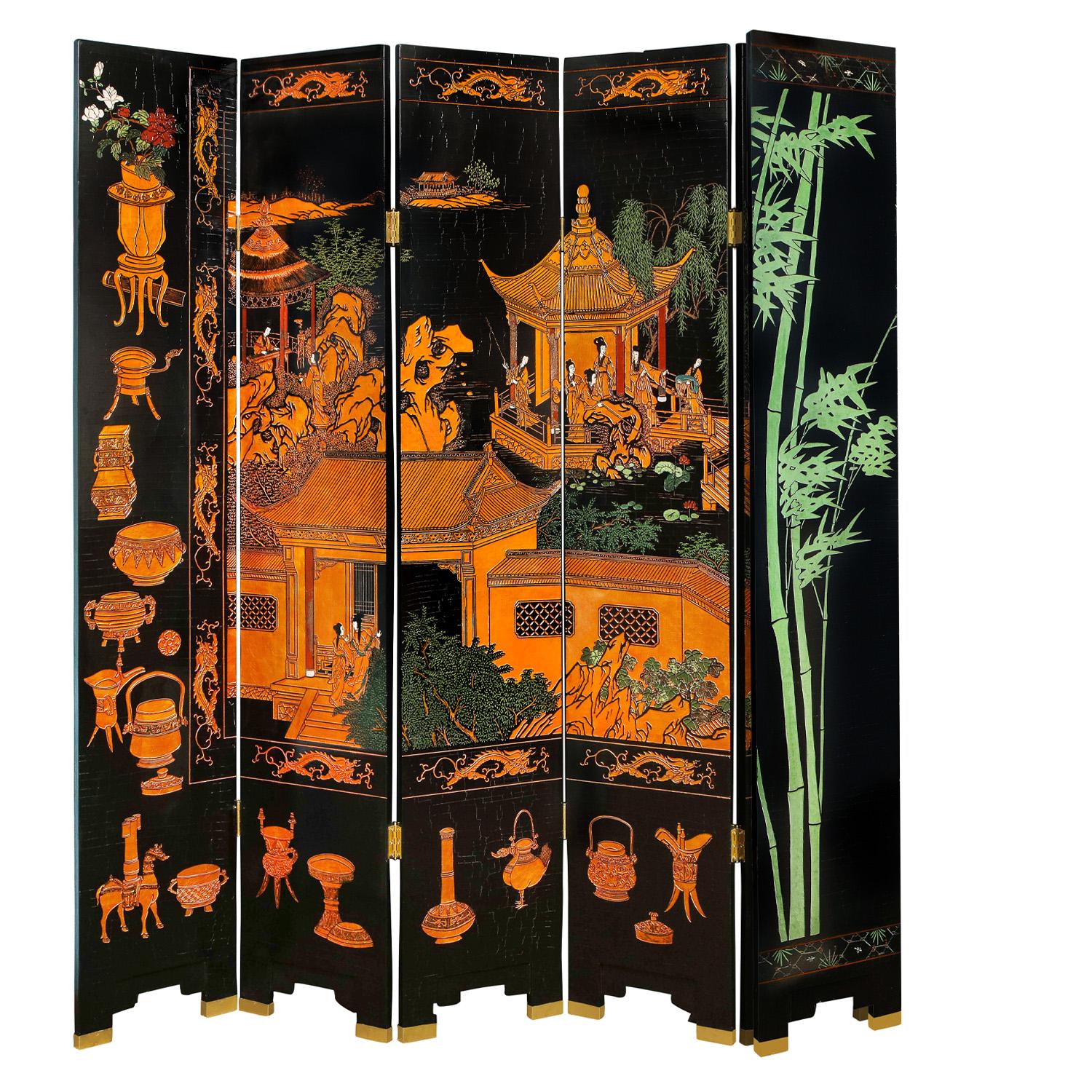 Large 6 Panel artisan screen, black lacquer with carved Chinese scene with luxurious gold and multicolor enamels with brass sabots and hinges, sold through the Karl Springer NYC showroom, 1980's. The quality of execution of this screen is superb.