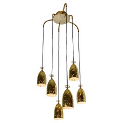 Large 6-Shade Perforated Brass Chandelier Attributed to Paavo Tynell for Taito