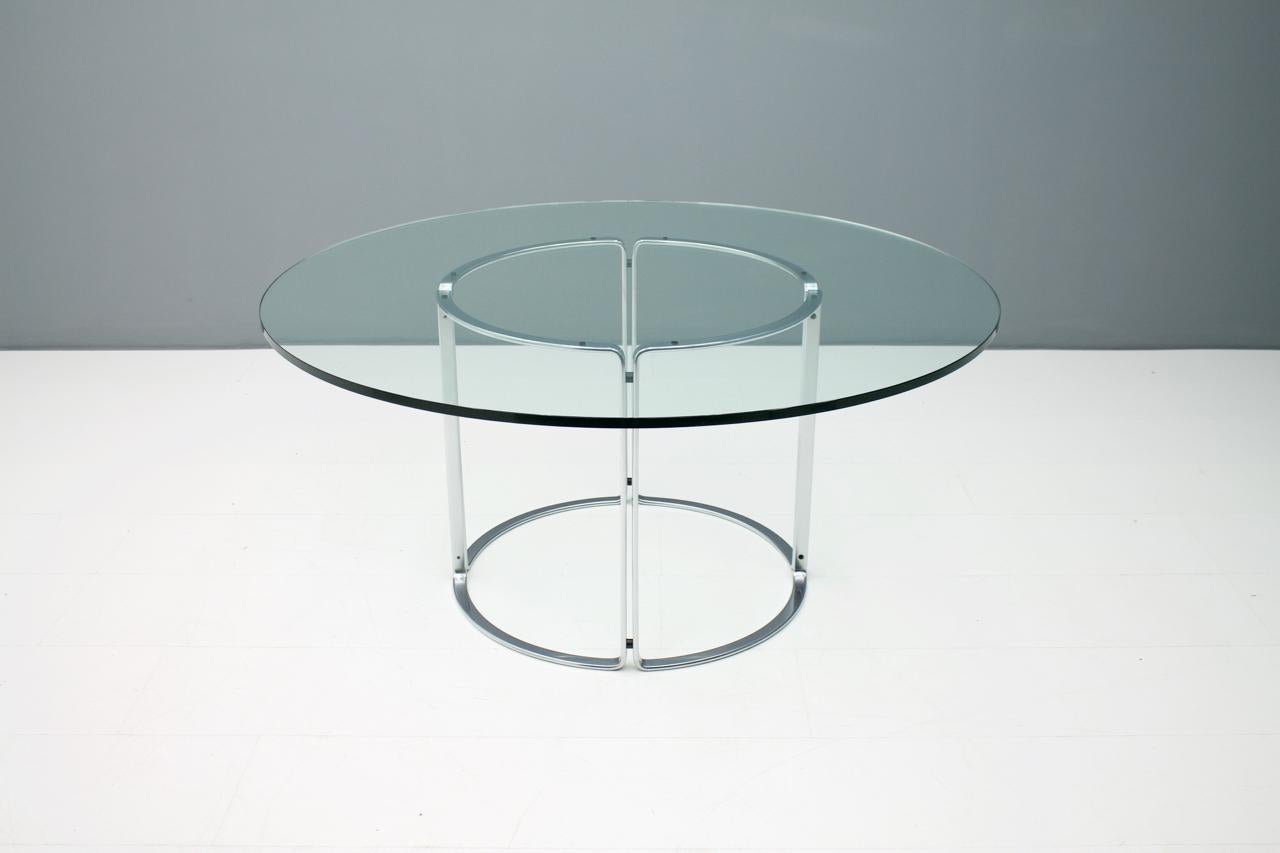 German Large Circular Dining Table in Glass and Steel by Horst Bruning for Kill 1970s
