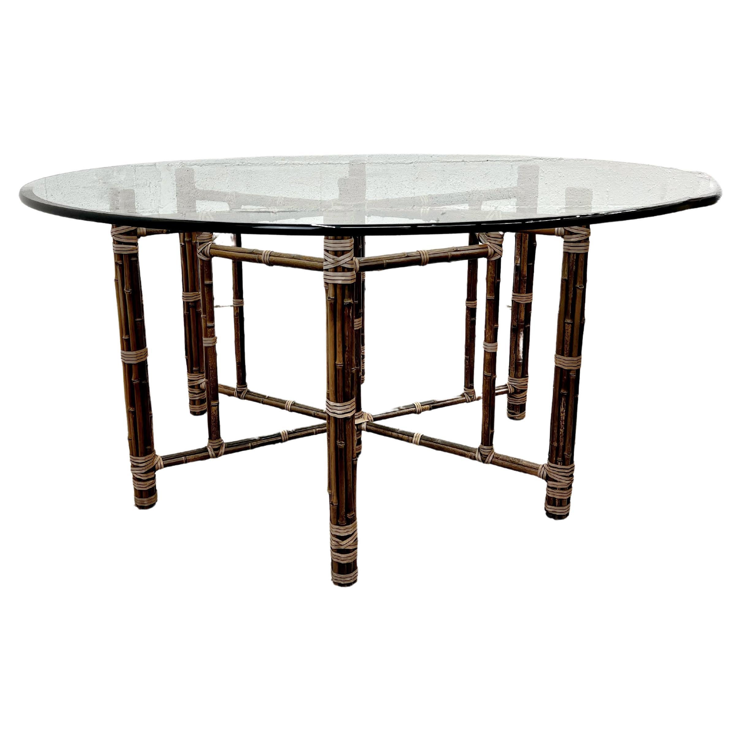 Large 60” Vintage McGuire Dining Table, Rattan and Bamboo and Raw Hide For Sale