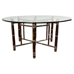 Large 60” Vintage McGuire Dining Table, Rattan and Bamboo and Raw Hide