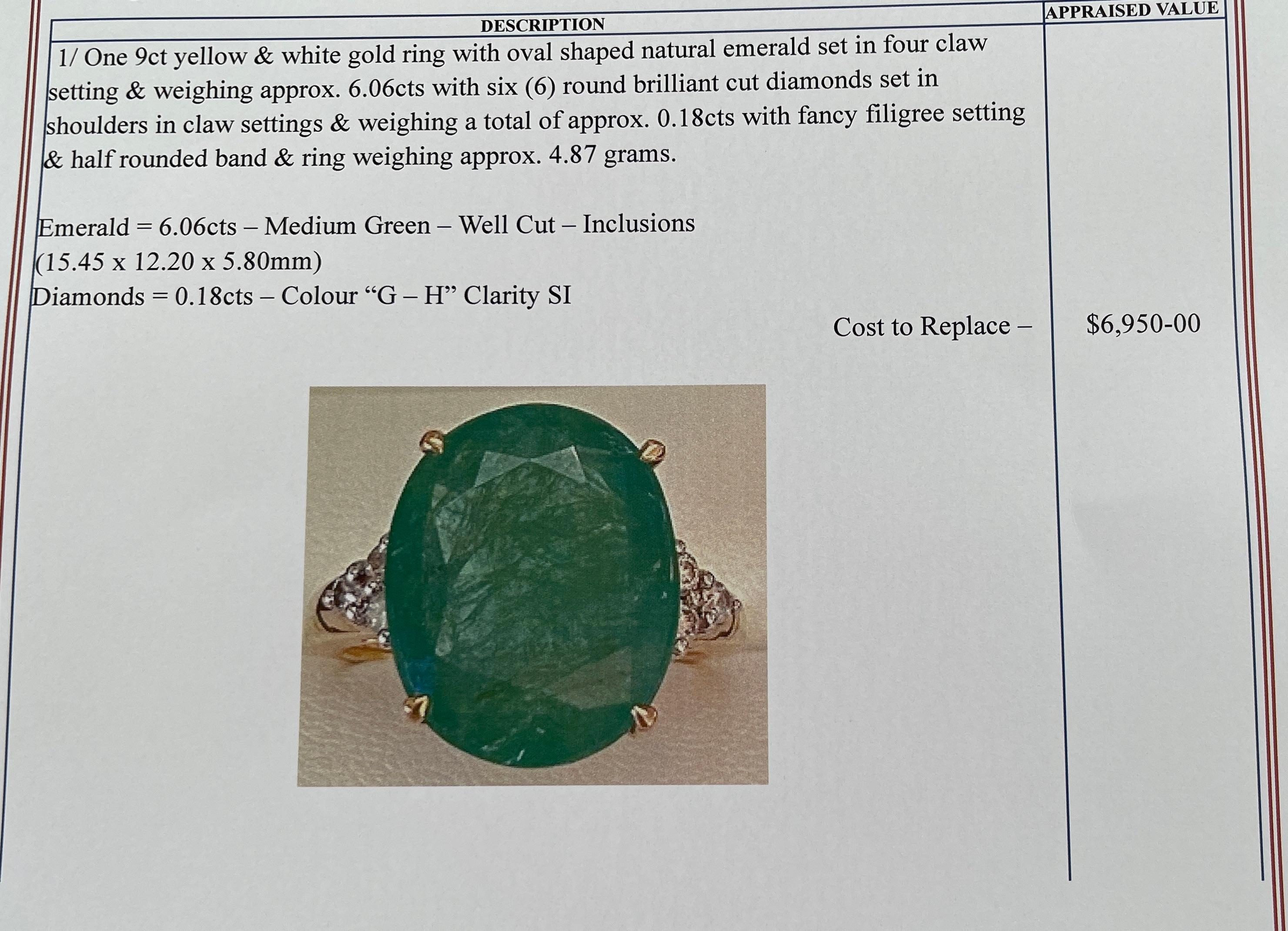 Large 6.06ct Oval Emerald Diamond Ring 9ct Yellow Gold Decorative Gallery In New Condition For Sale In Mona Vale, NSW