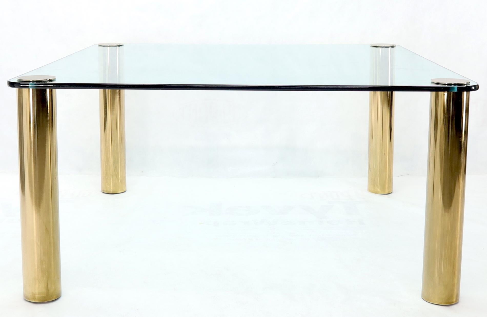 Large Square Thick Glass Top Dining Table on Brass Cylinder Legs For Sale 3