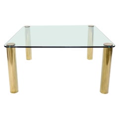 Large Square Thick Glass Top Dining Table on Brass Cylinder Legs