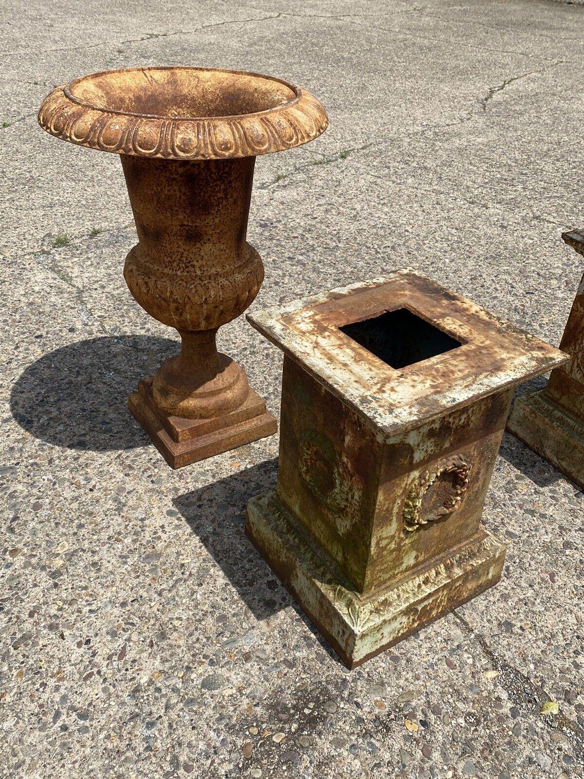 Tall Cast Iron Campana Urn Outdoor Garden Planters on Base, a Pair For Sale 4