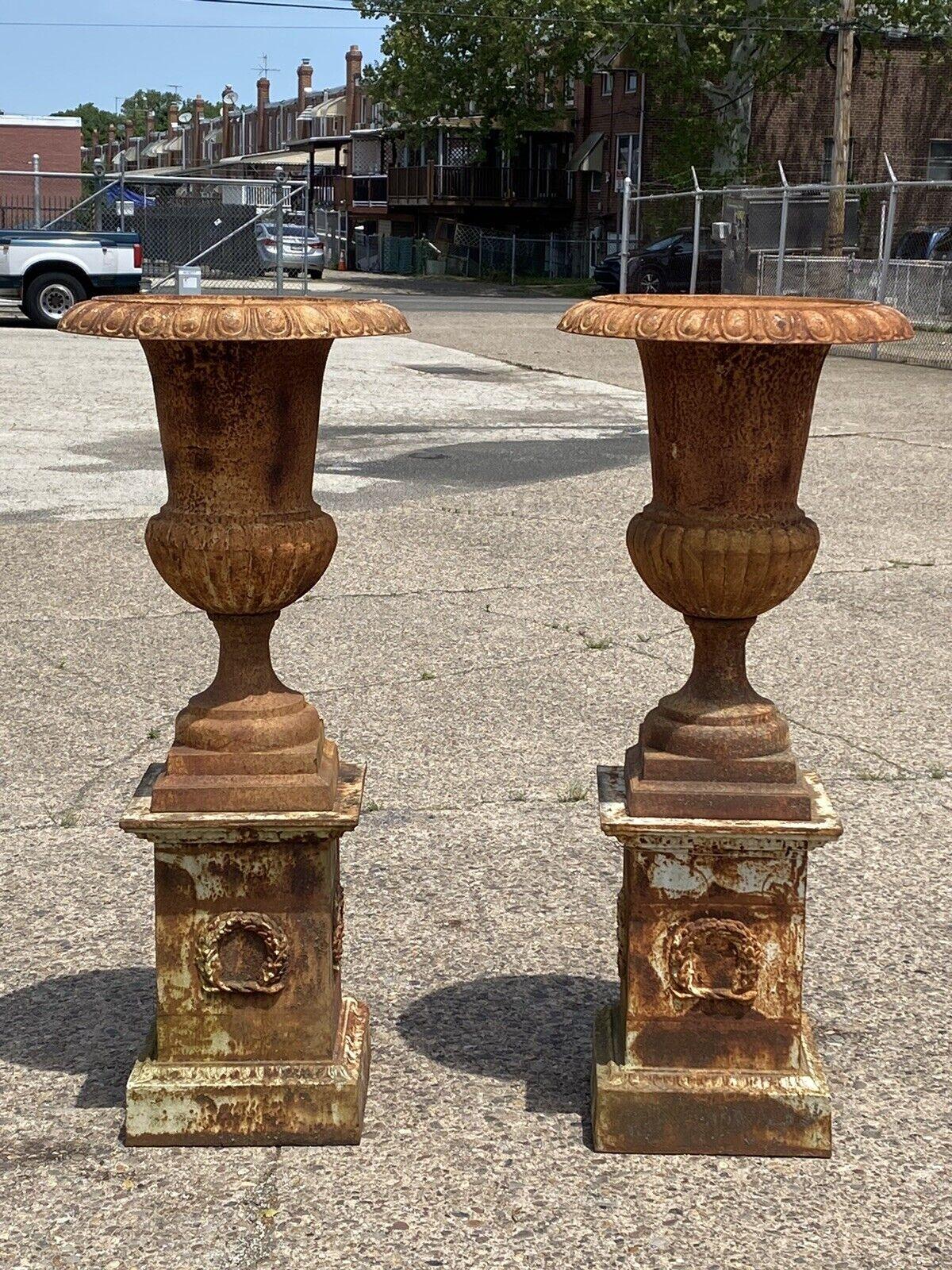 Tall Cast Iron Campana Urn Outdoor Garden Planters on Base, a Pair For Sale 6