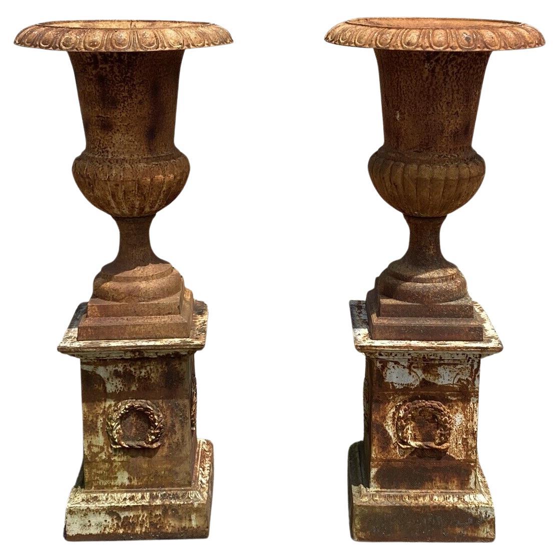 Tall Cast Iron Campana Urn Outdoor Garden Planters on Base, a Pair For Sale